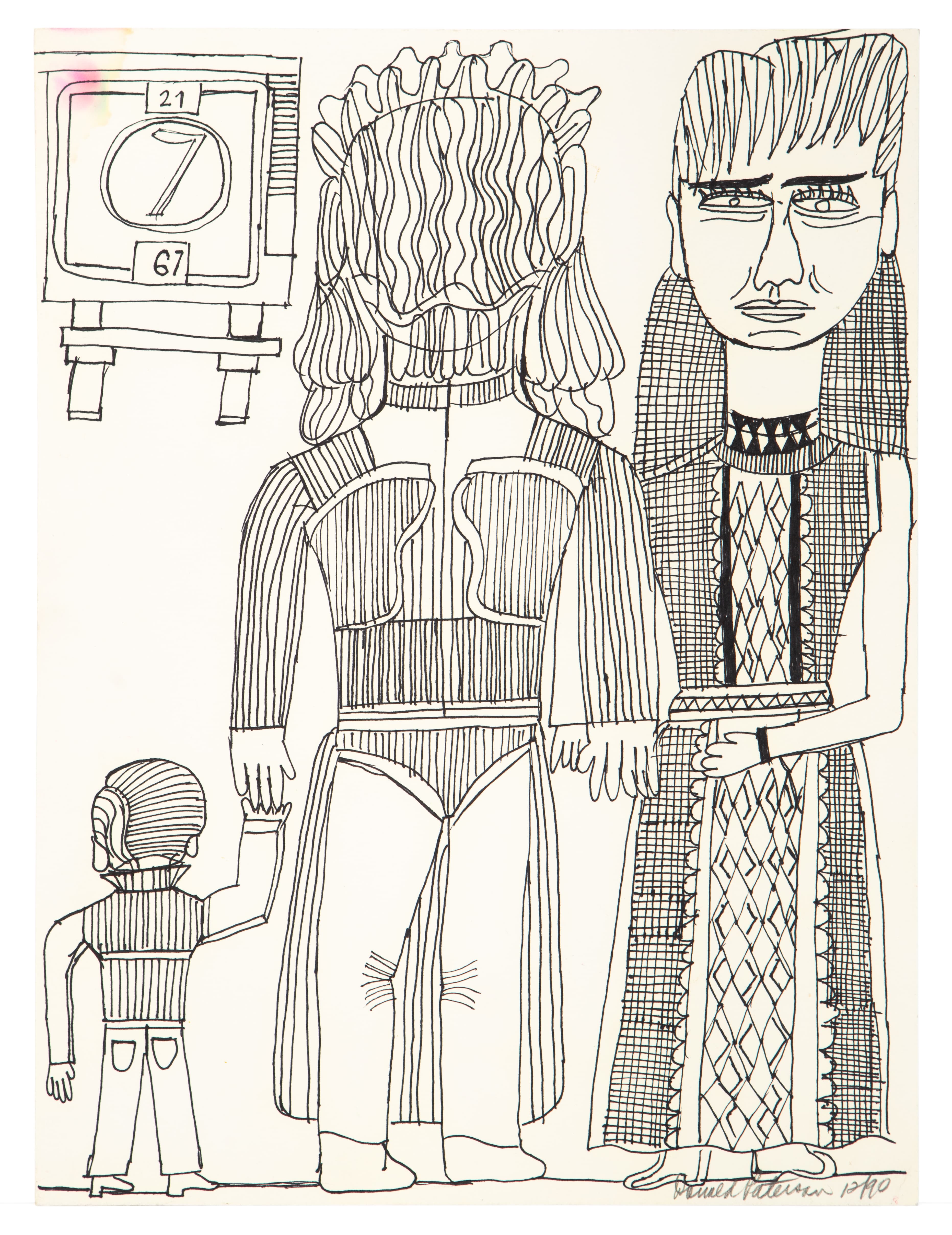 Ink drawing of three figures in patterned clothing standing near a TV showing the number 7