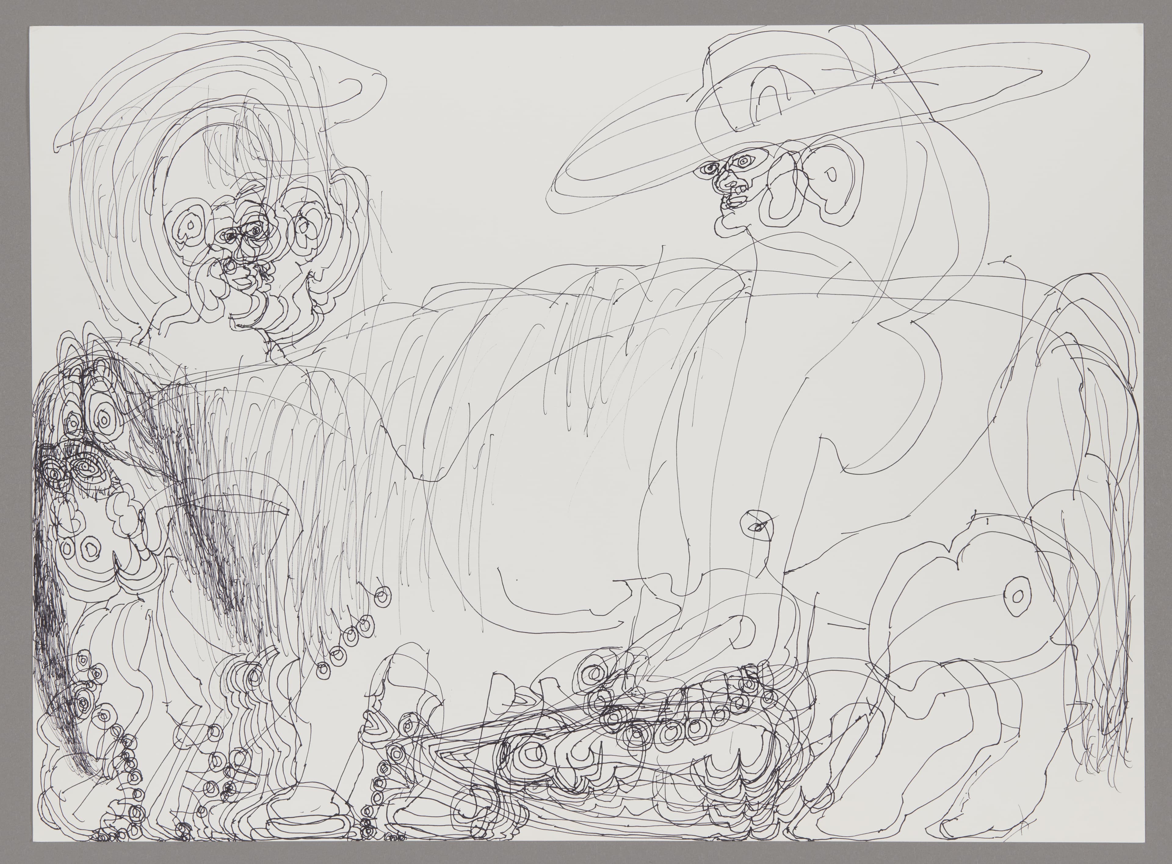 Ink drawing on paper showing three abstract figures with expressive faces and flowing, gestural linework