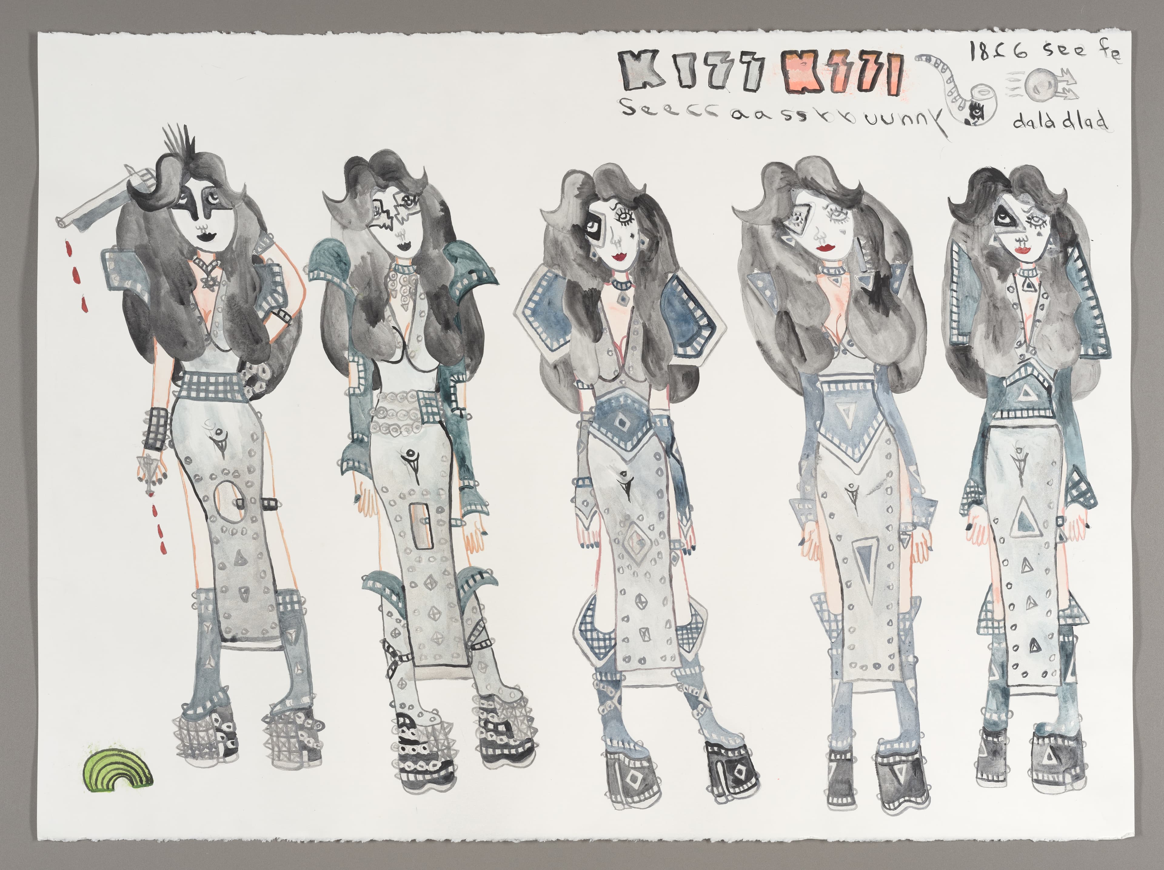 Drawing of five rock musicians with long dark hair in decorated outfits, rendered in graphite, ink and watercolor