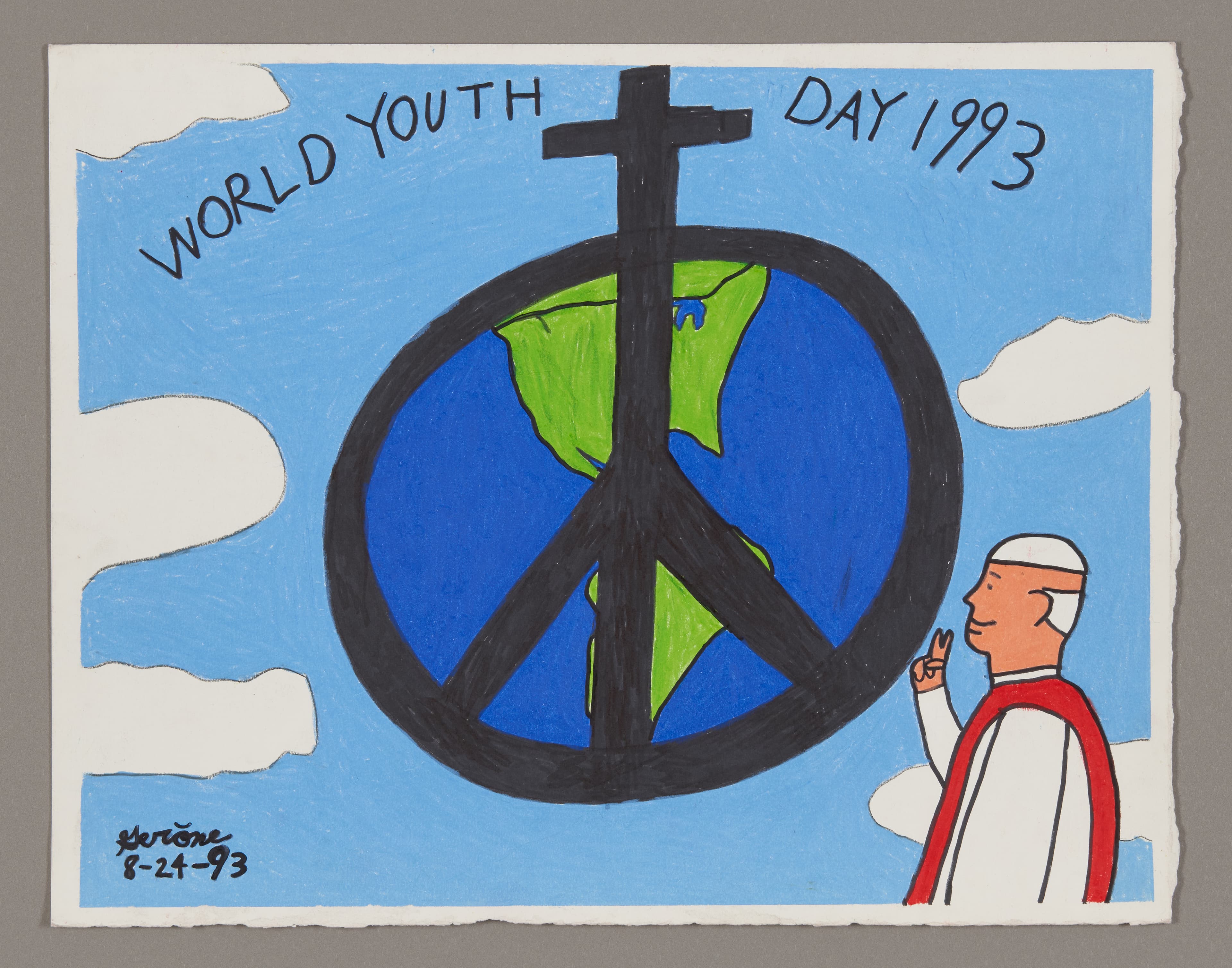 Drawing combining peace symbol with Christian cross over Earth, figure in religious garb, World Youth Day 1993 theme