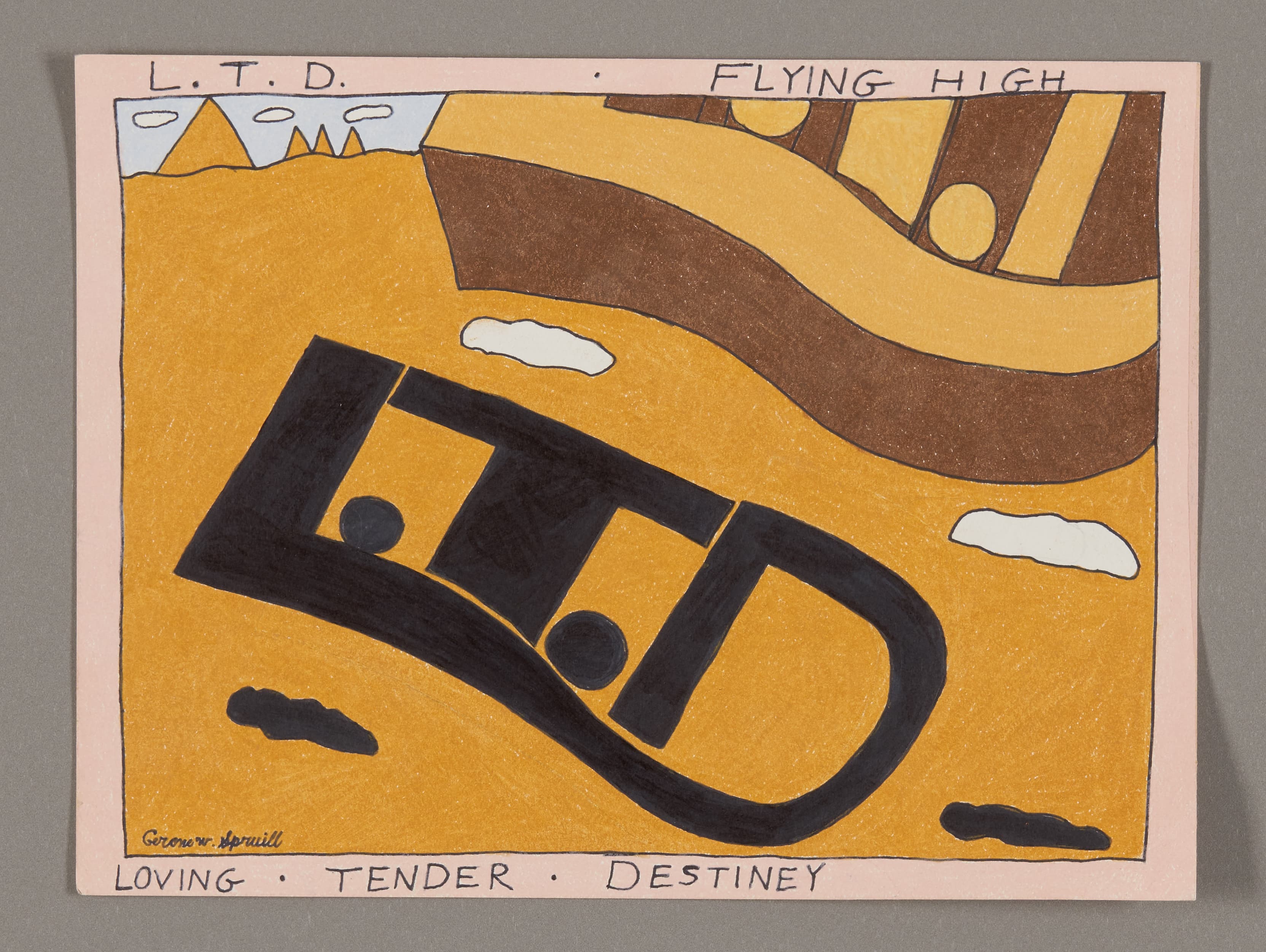 Mixed media drawing with large black letters 'LTD' on yellow background, mountains and clouds above