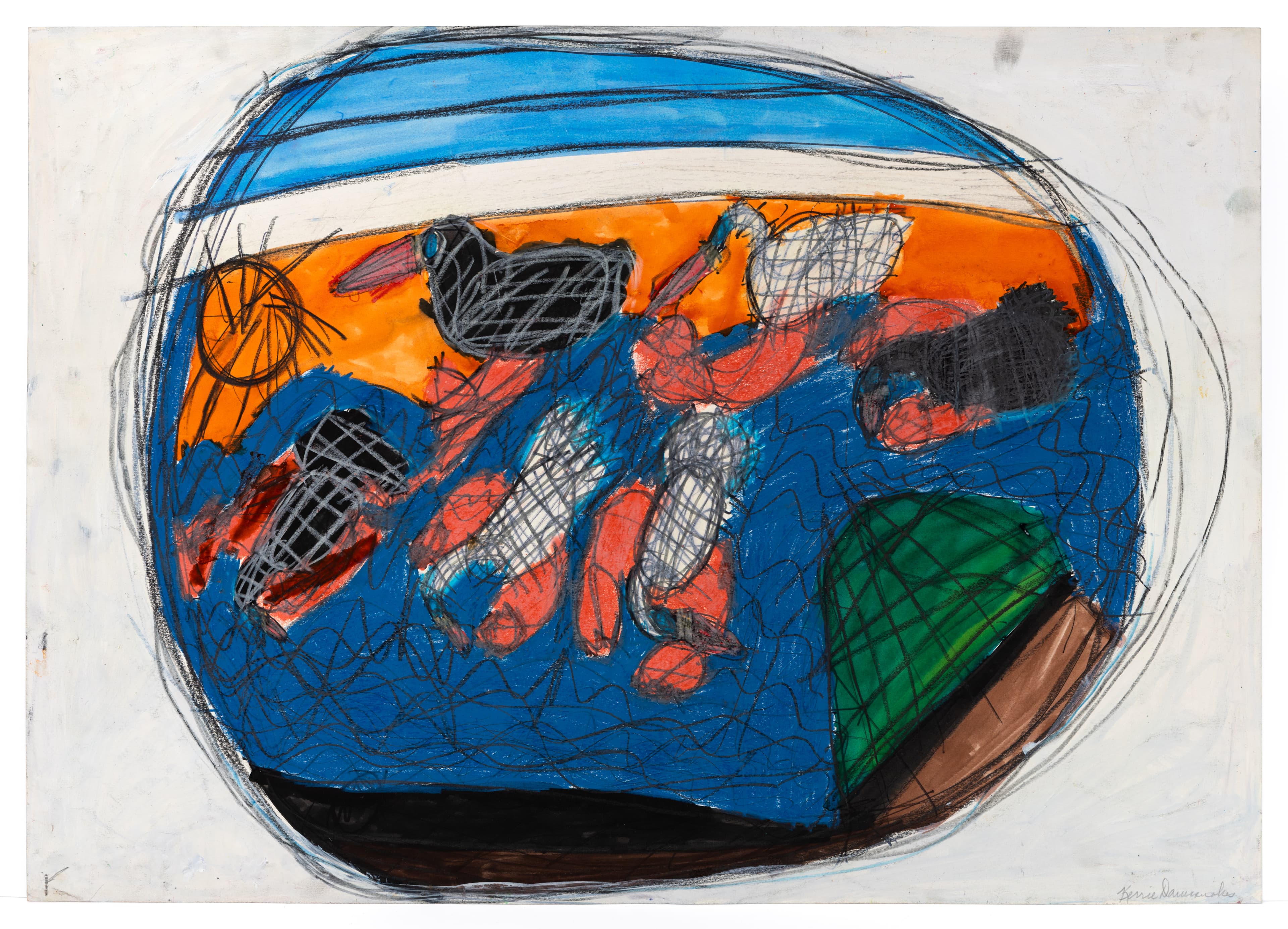 Mixed media drawing of an oval pool with floating figures, ducks, and geometric shapes in blue, orange, and green