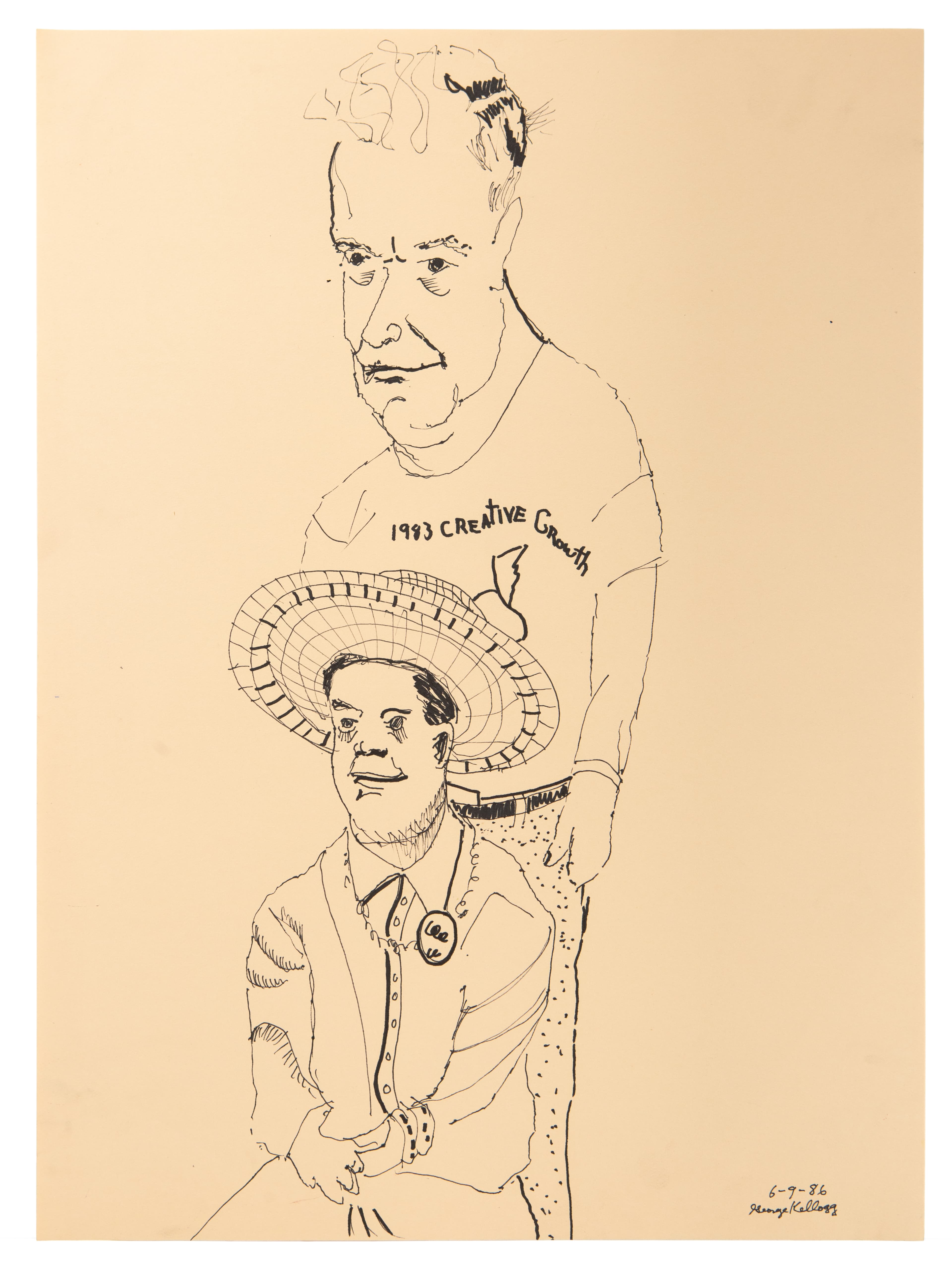 Ink drawing on beige paper showing two portrait figures - one standing wearing a Creative Growth t-shirt, one seated wearing a hat