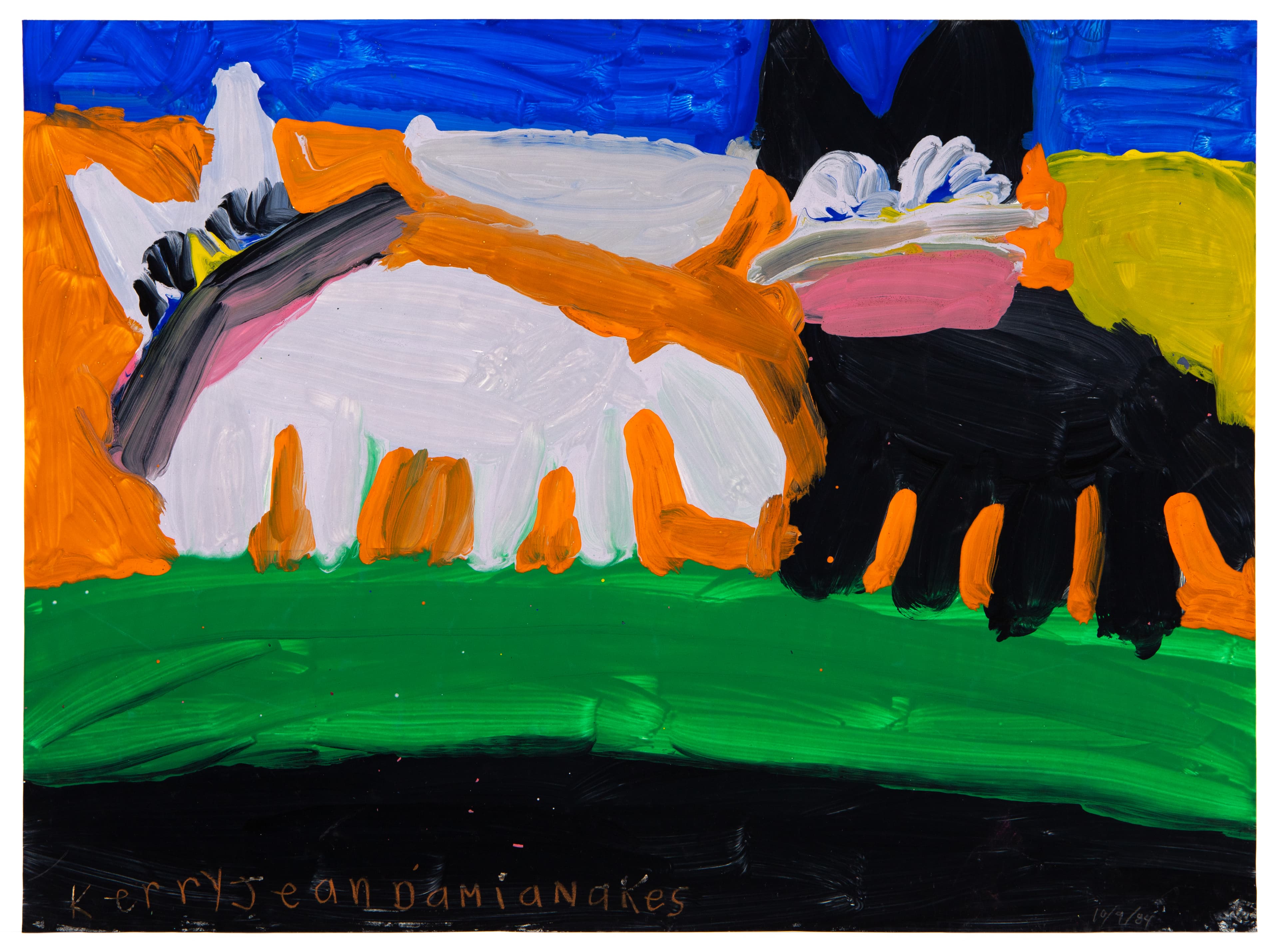 Painting of two reclining cow-like forms with orange legs on green ground against blue sky, acrylic on paper