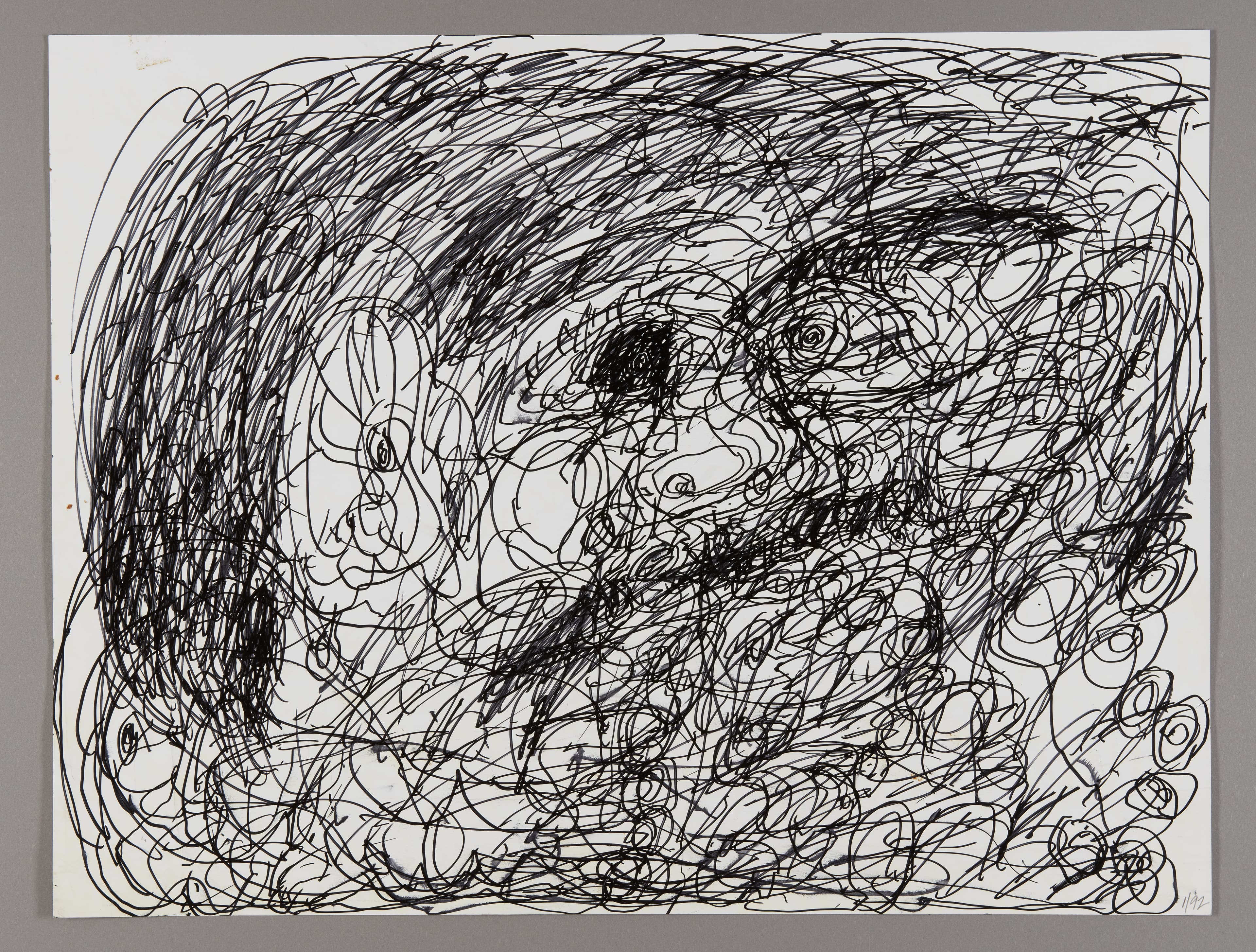Abstract ink drawing with dense scribbled lines and circular forms on white paper