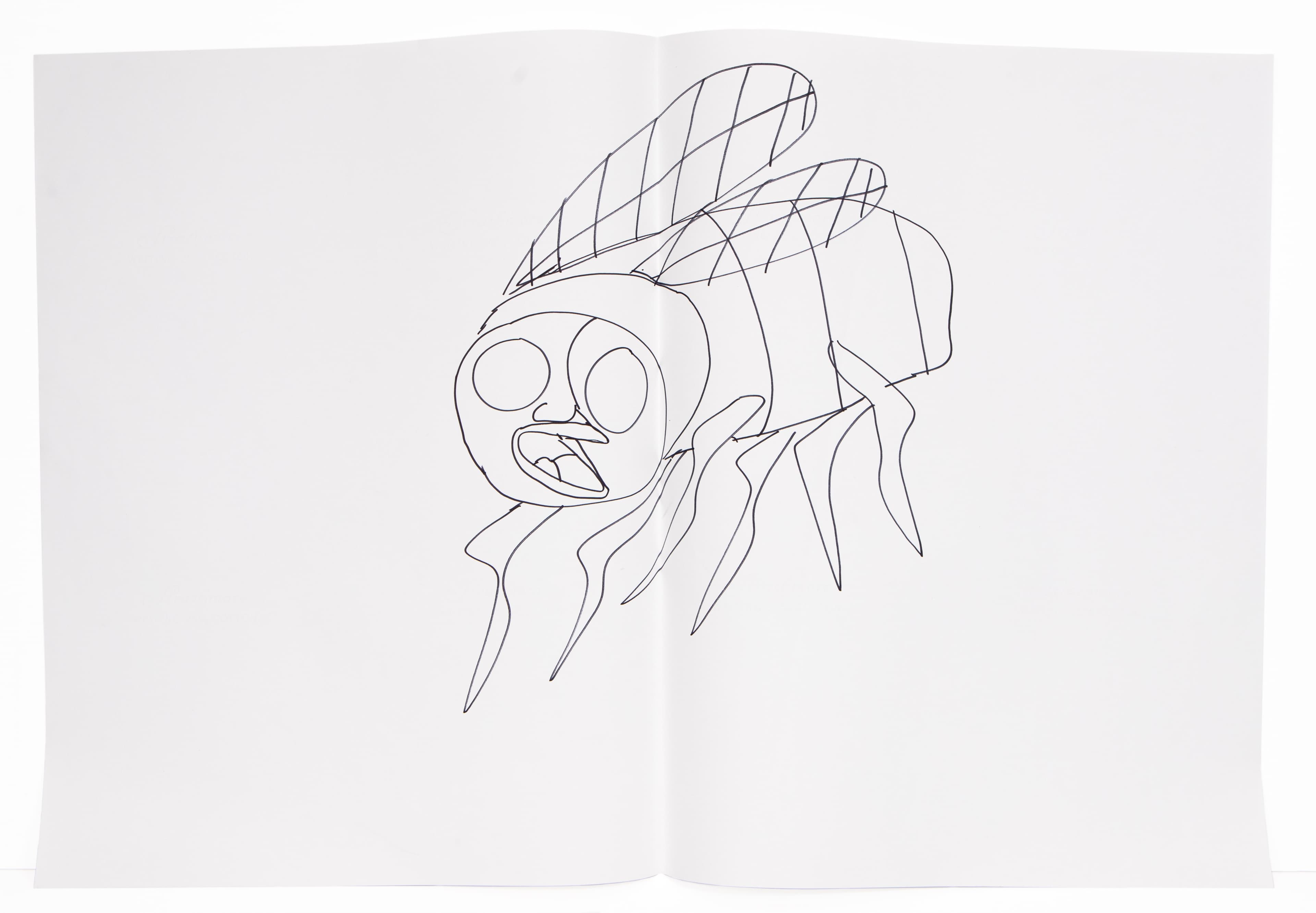 Line drawing of a fish with large circular eyes and crosshatched fins, ink on paper