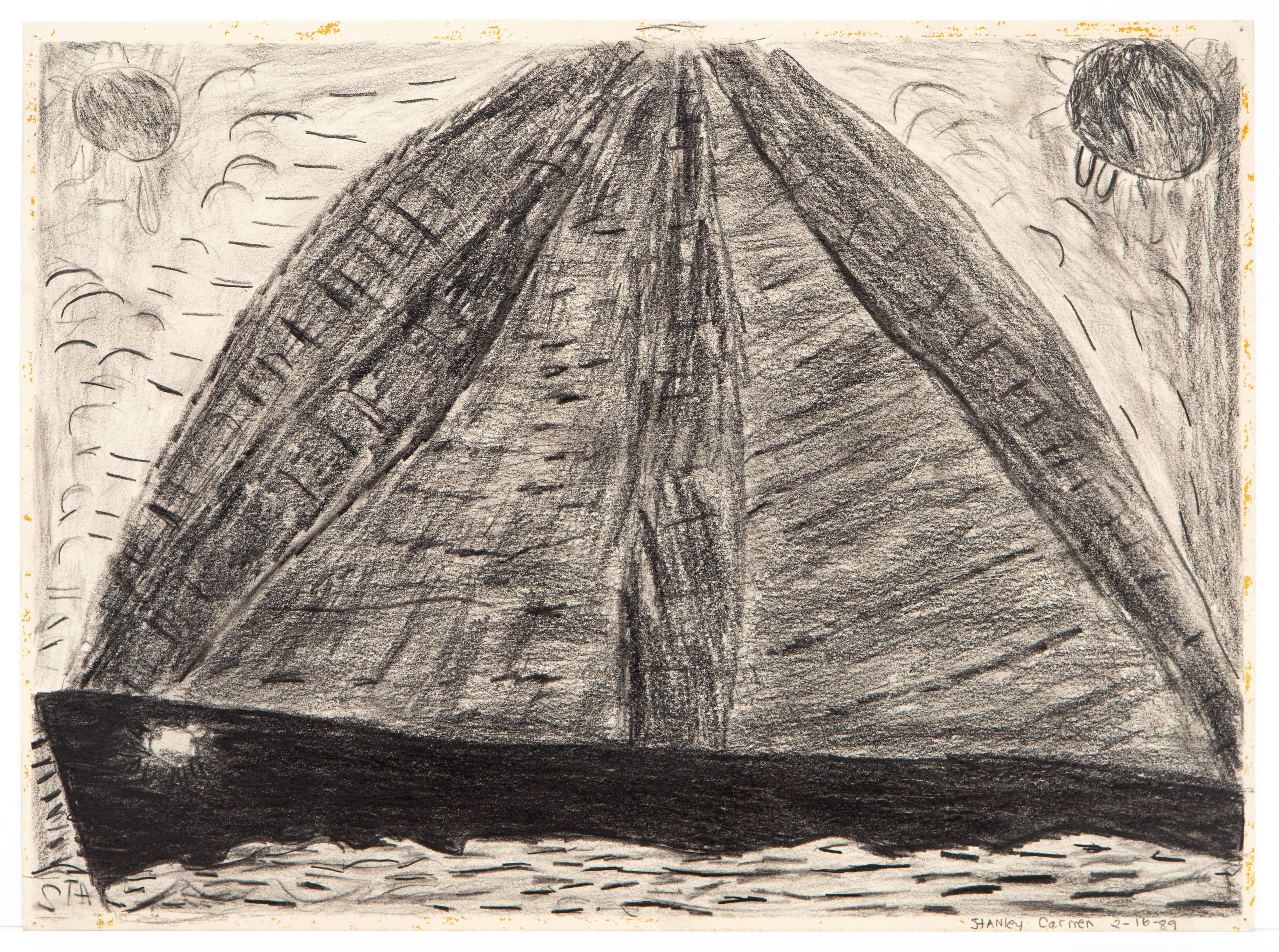Pencil drawing of large triangular mountain with small sailboat below and two circular objects in sky