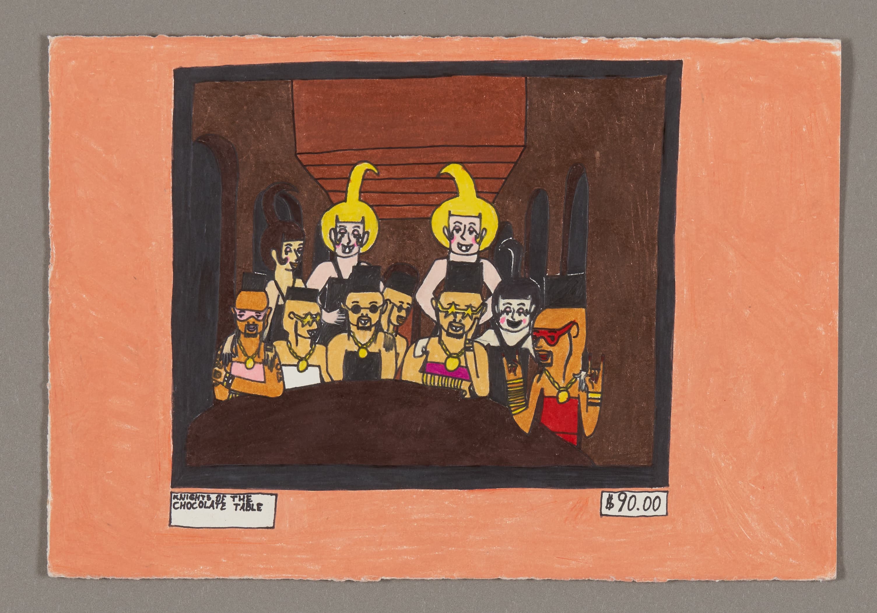 Drawing of cartoon characters seated at a table in browns, oranges, and yellows with colored pencil and ink