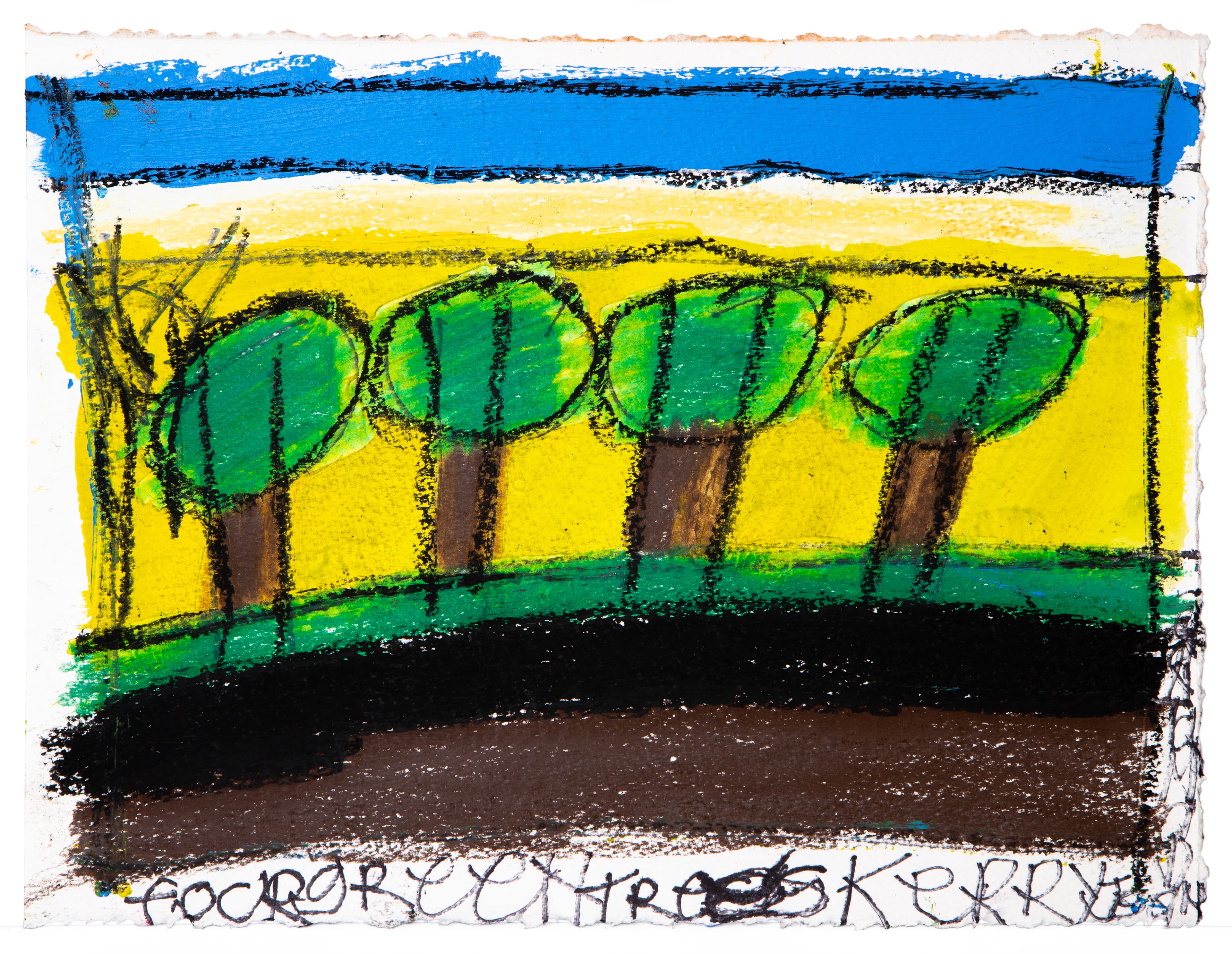 Drawing of four green trees with brown trunks in a landscape, acrylic and pastel on paper