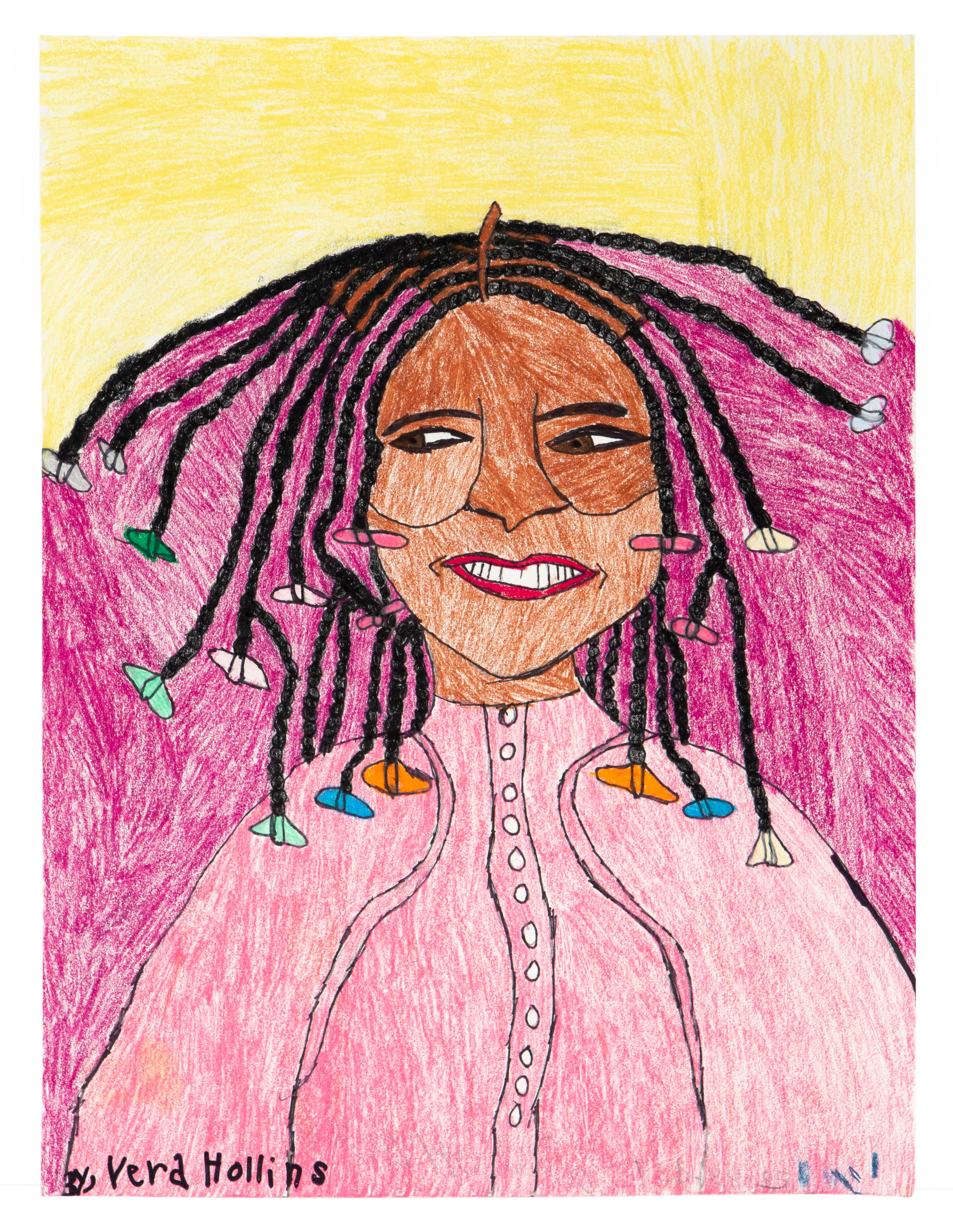 Colored pencil portrait of a smiling person with black dreadlocks decorated with small colorful objects, wearing pink