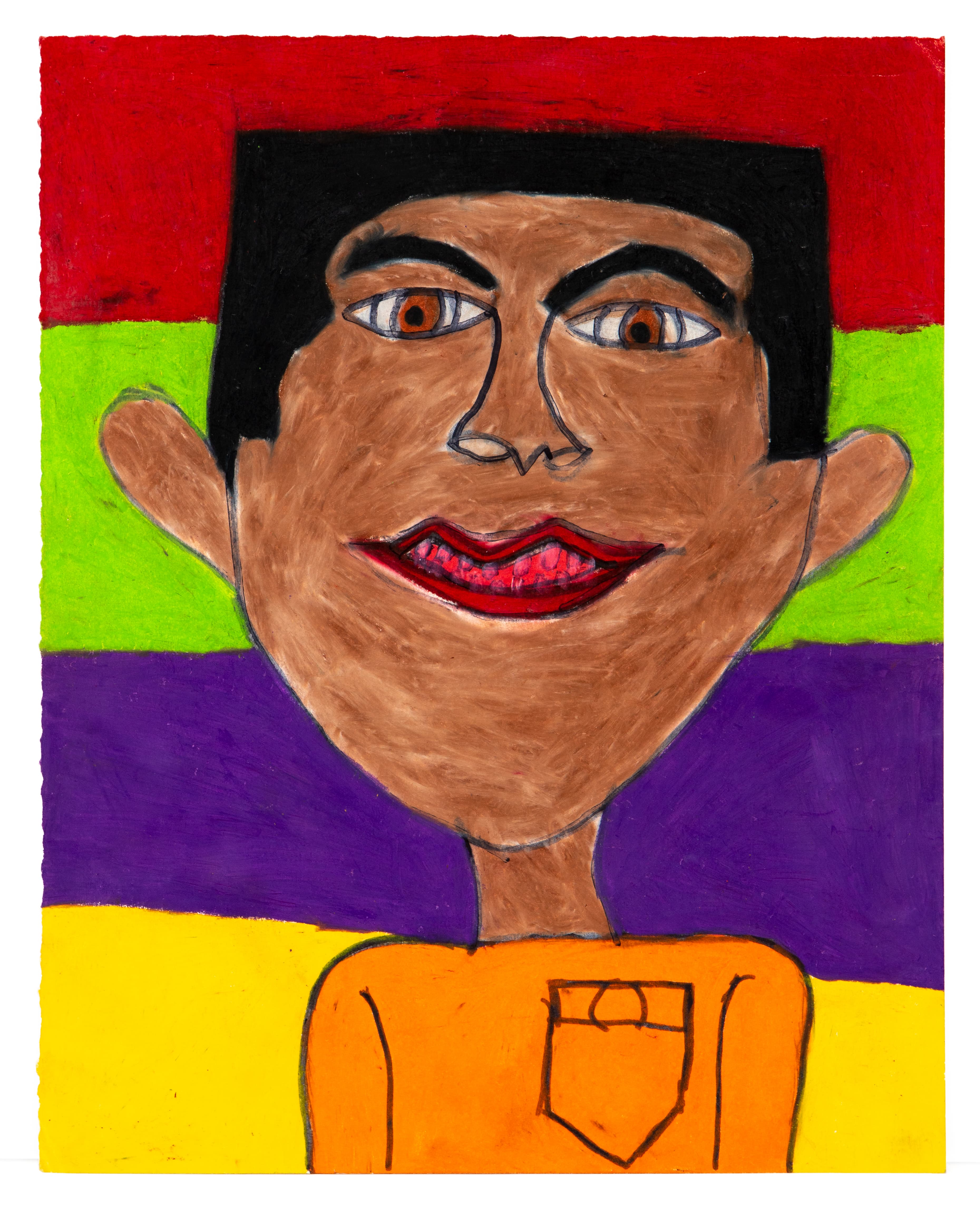 Portrait drawing in ink and pastel showing a figure with black hair against colorful horizontal stripes