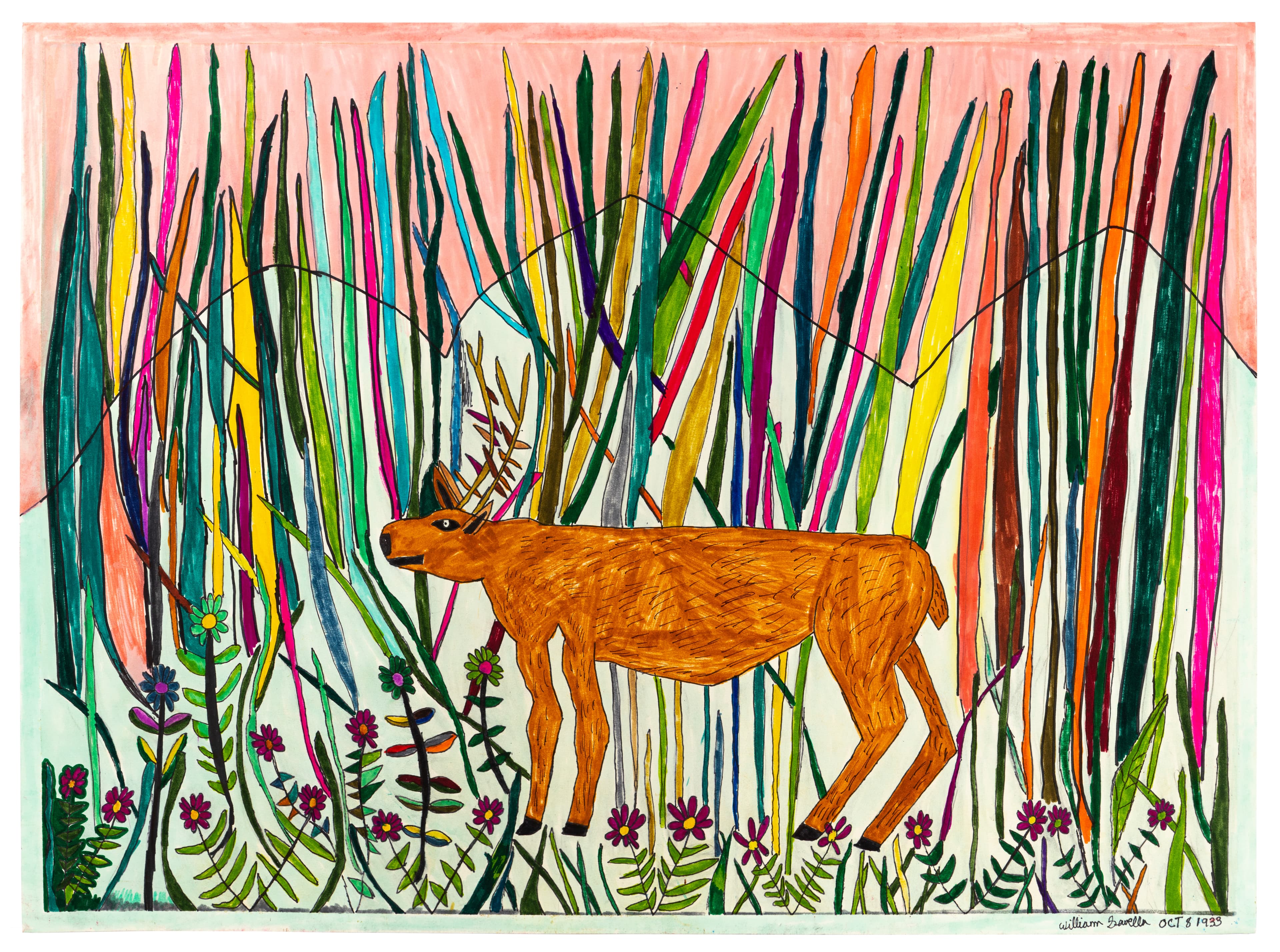 Drawing of orange deer with antlers in colorful forest of vertical lines, ink on paper