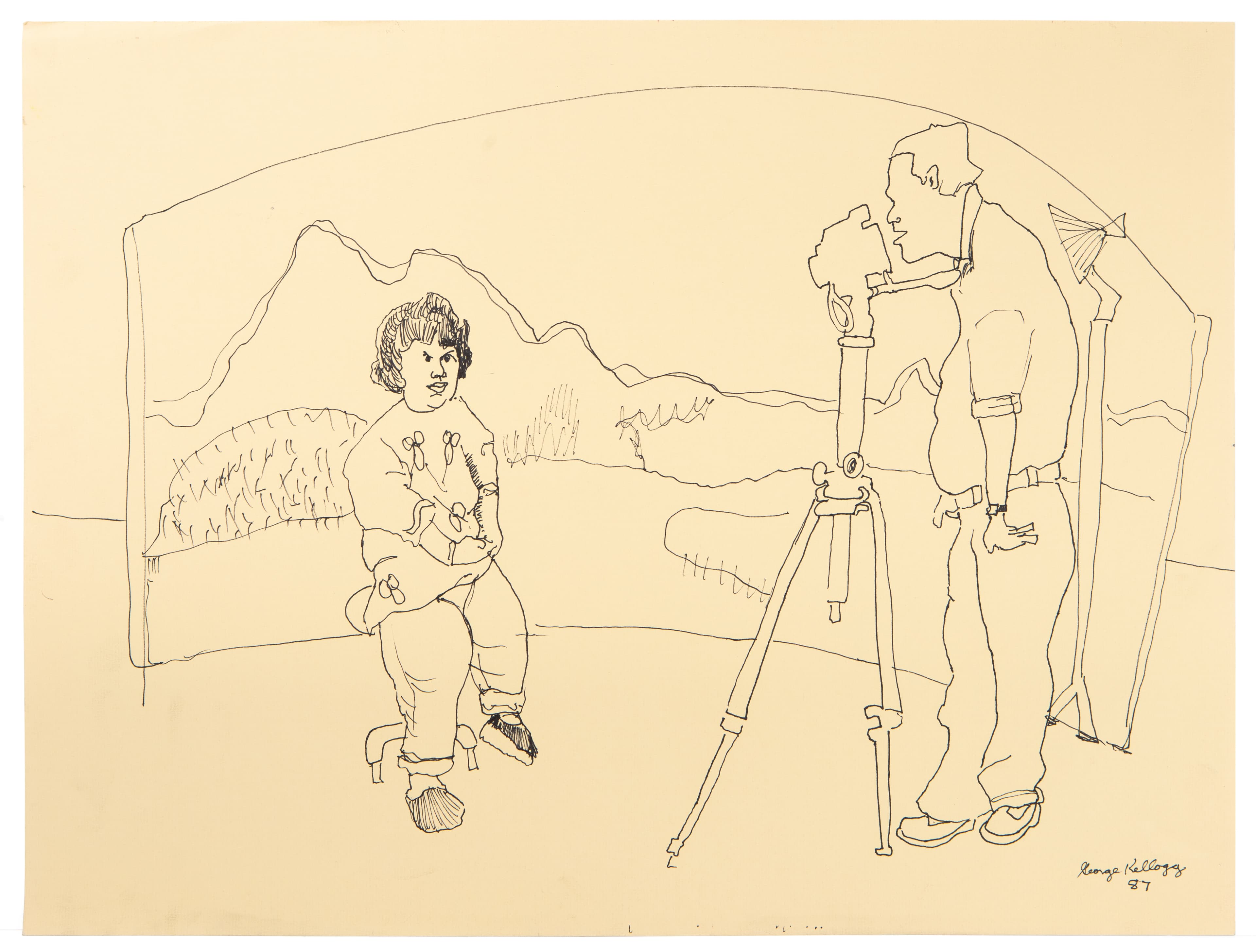 Ink drawing of two figures with surveying equipment in mountainous landscape, signed George Kellogg 1947