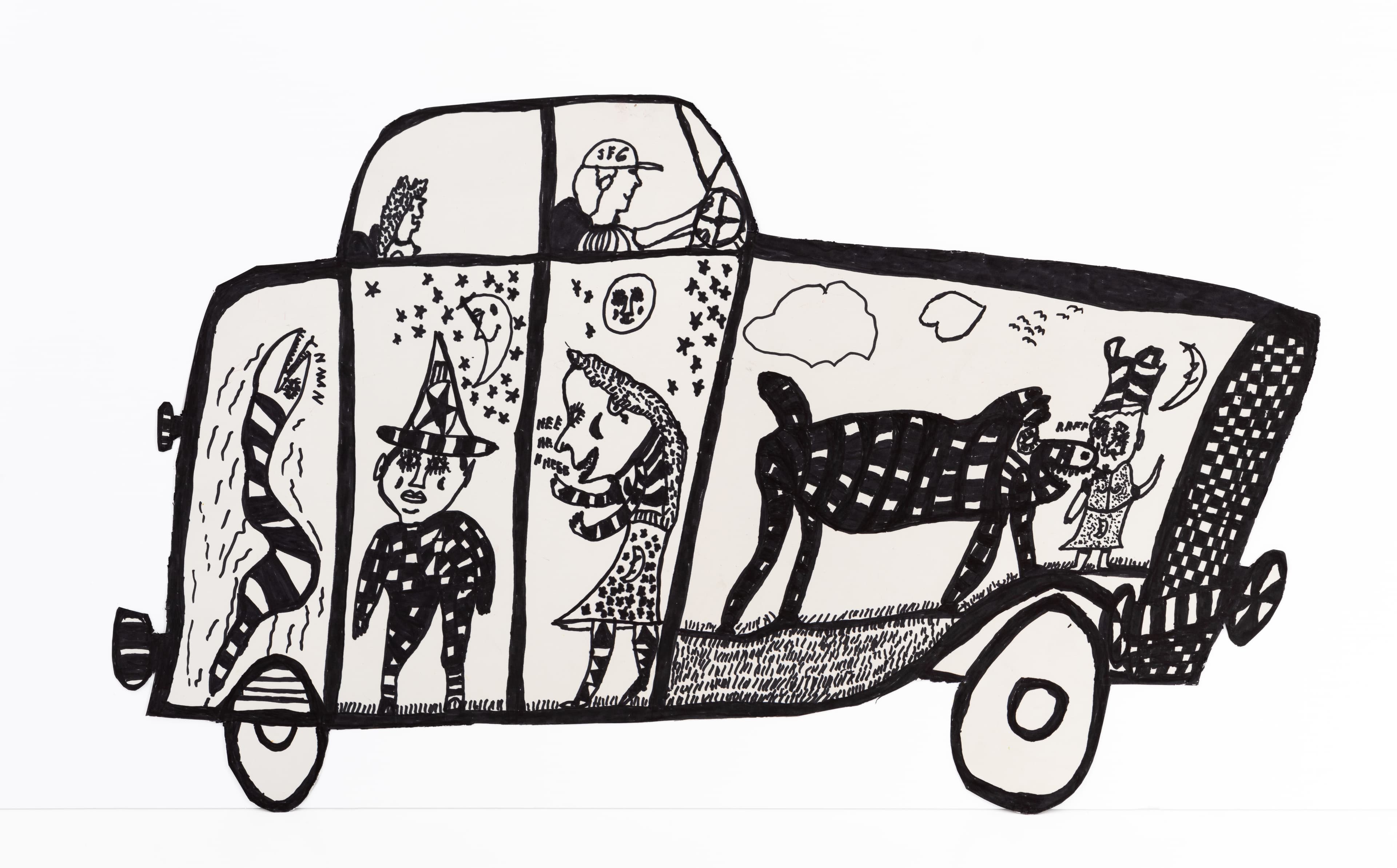 Black ink drawing of a delivery truck filled with various figures including people and animals in comic-style illustration