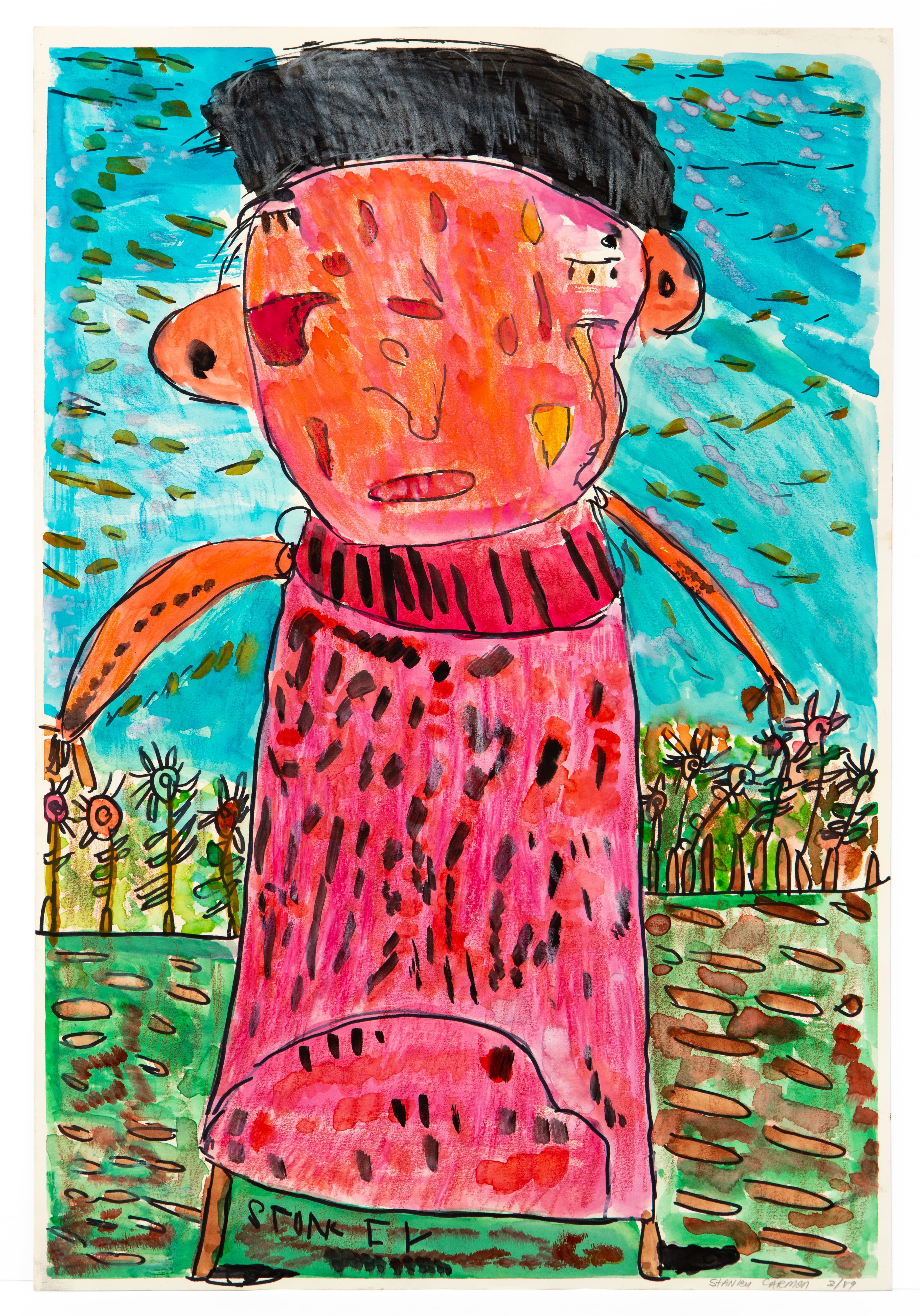 Ink and watercolor drawing of figure in pink sweater with black hair against blue sky and garden background