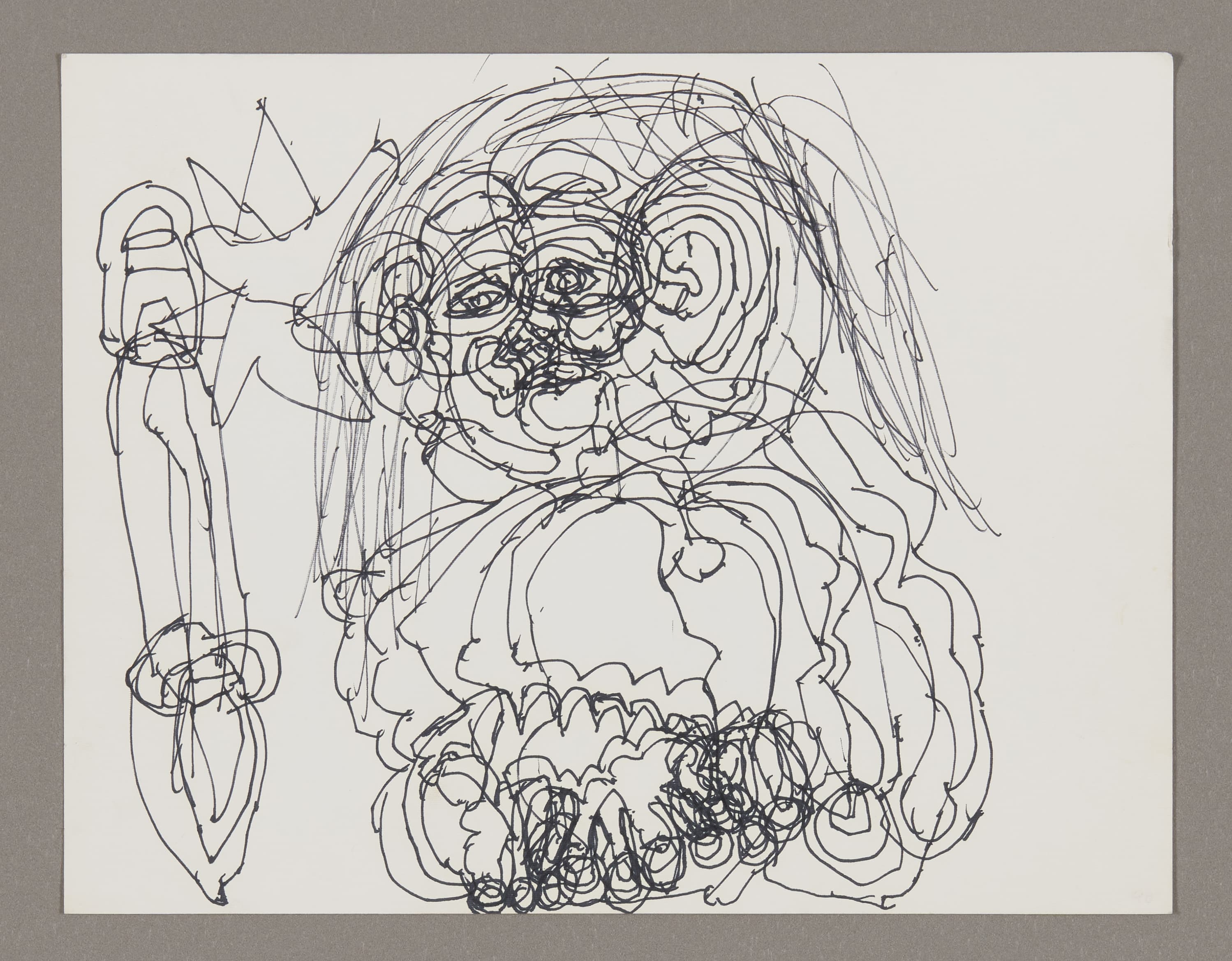 Ink drawing of a figure with elaborate hair and facial features, rendered in continuous flowing lines on white paper