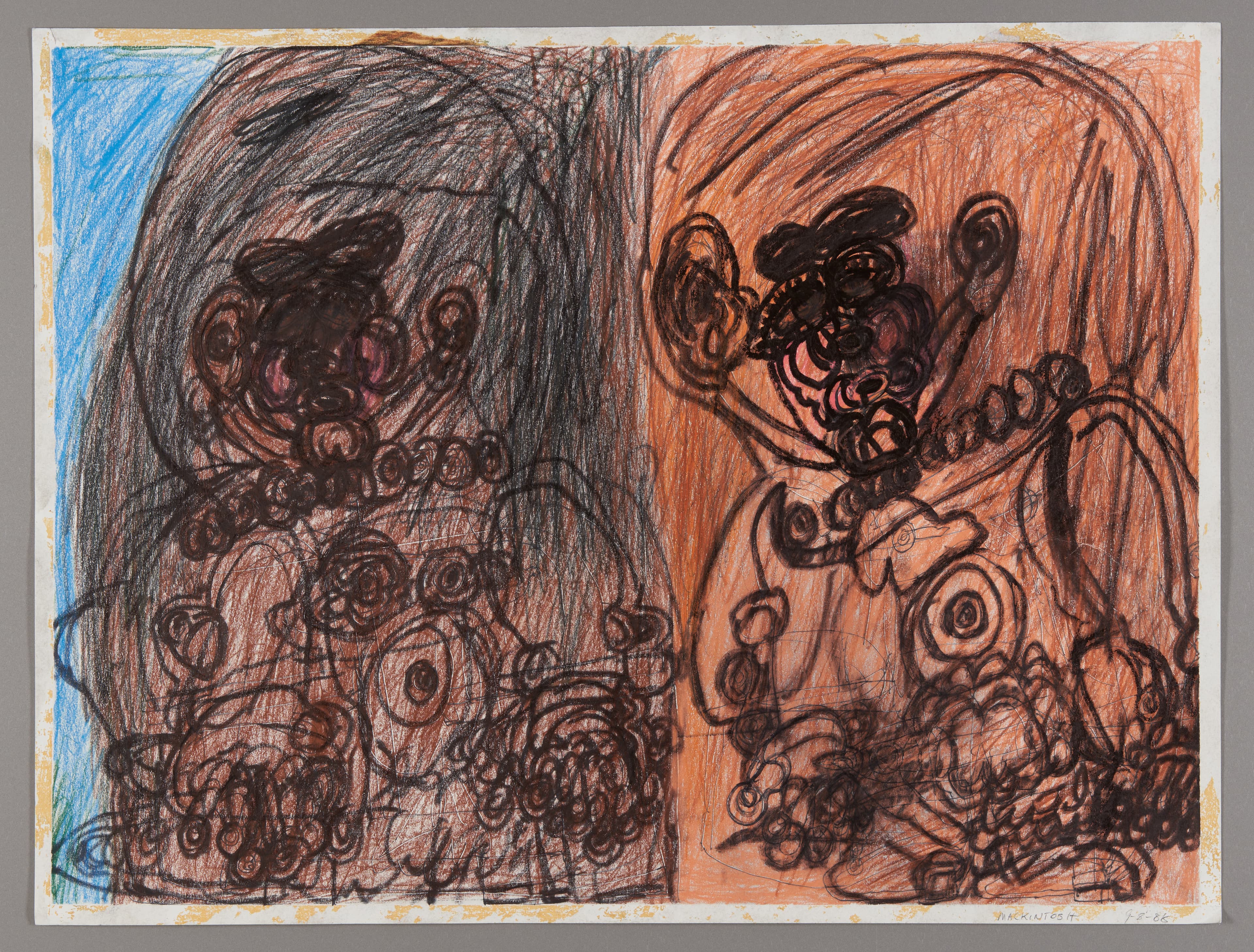 Drawing with two abstract figures in ink and oil pastel, one in dark tones on left, one in orange tones on right