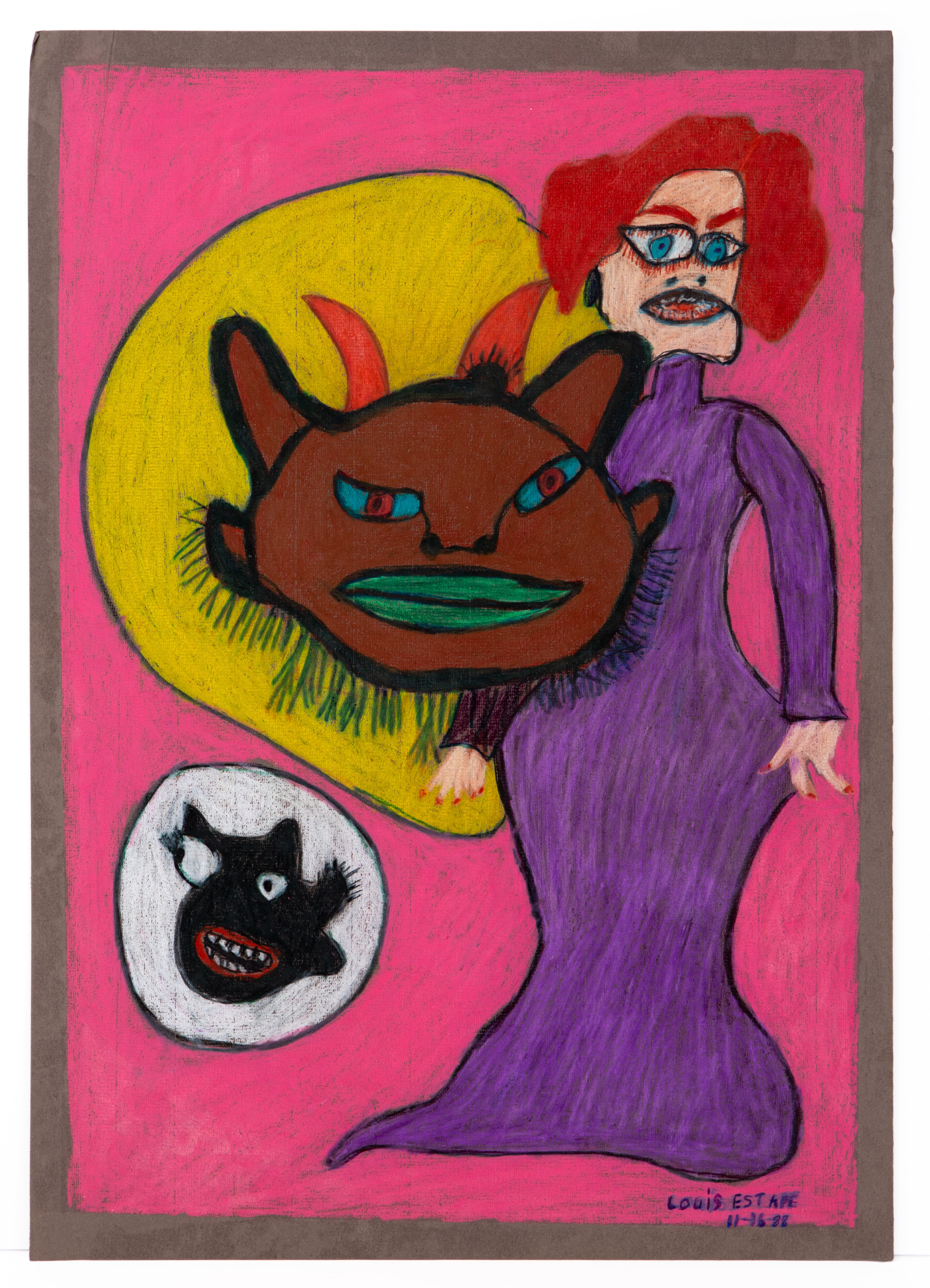 Colorful drawing of figure in purple dress with red hair and glasses, holding brown cat-like creature, on pink background