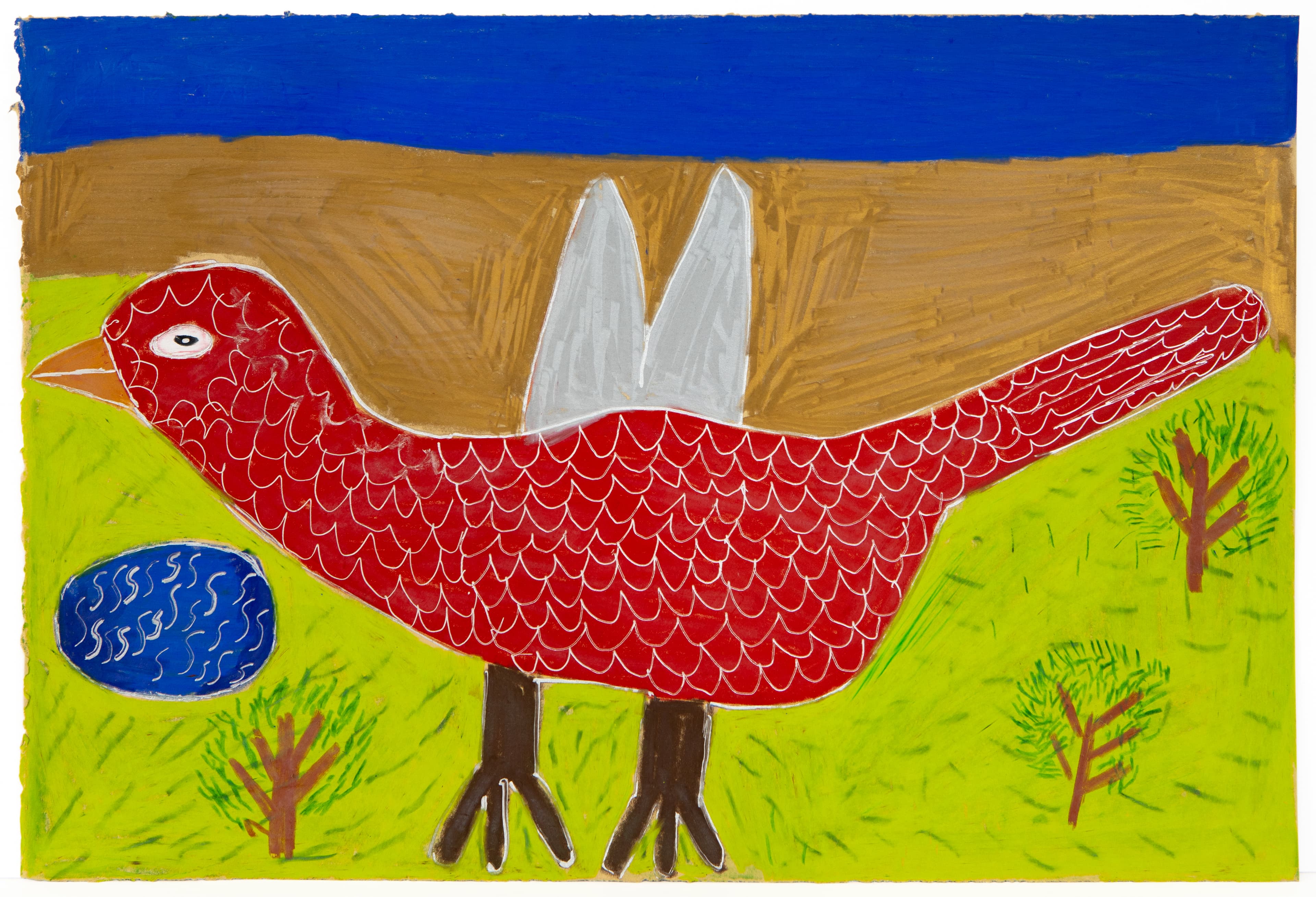 Mixed media drawing of red bird with white wings on bright green ground with blue sky and small trees