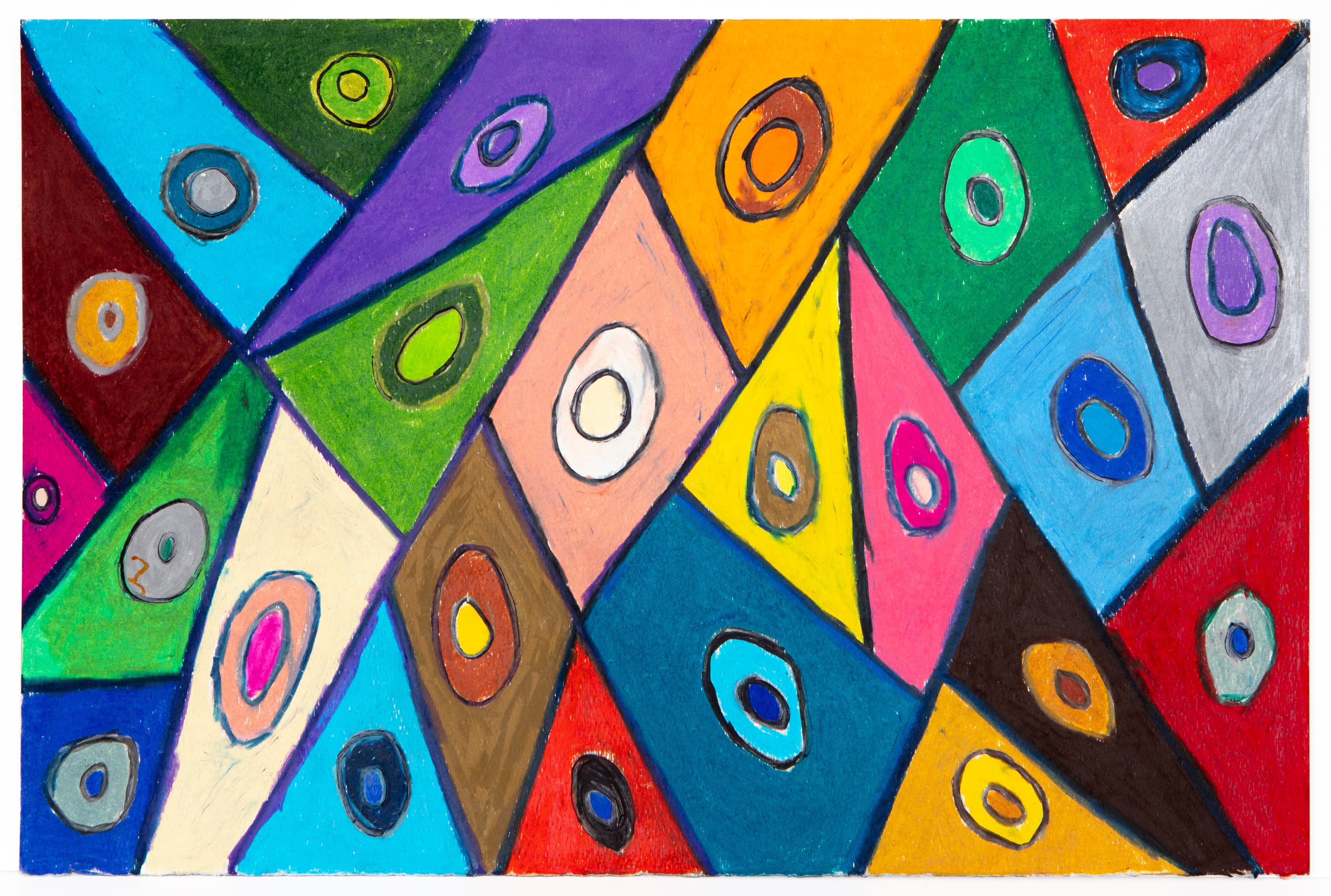 Abstract drawing with colorful geometric shapes and oval forms in mixed media on paper