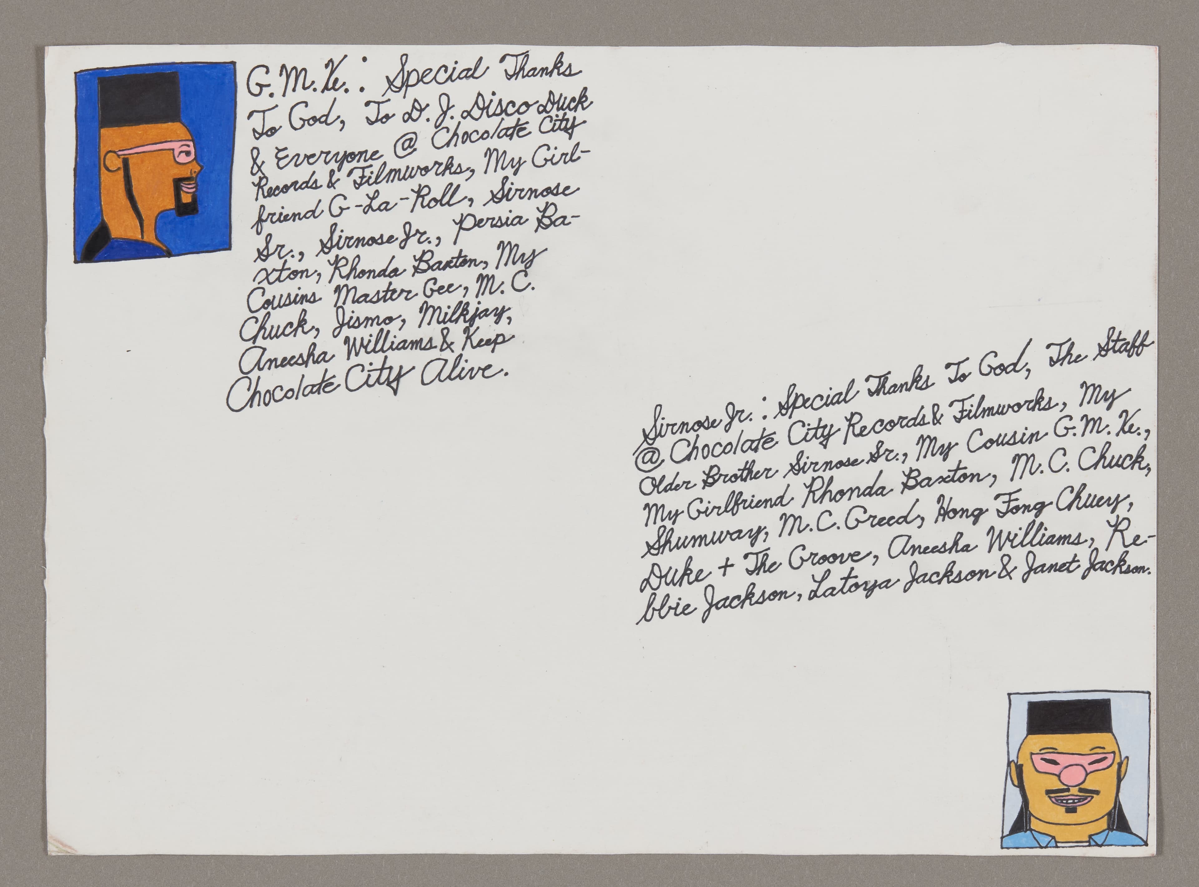 Drawing with handwritten text and two portrait illustrations in colored pencil and ink on white paper