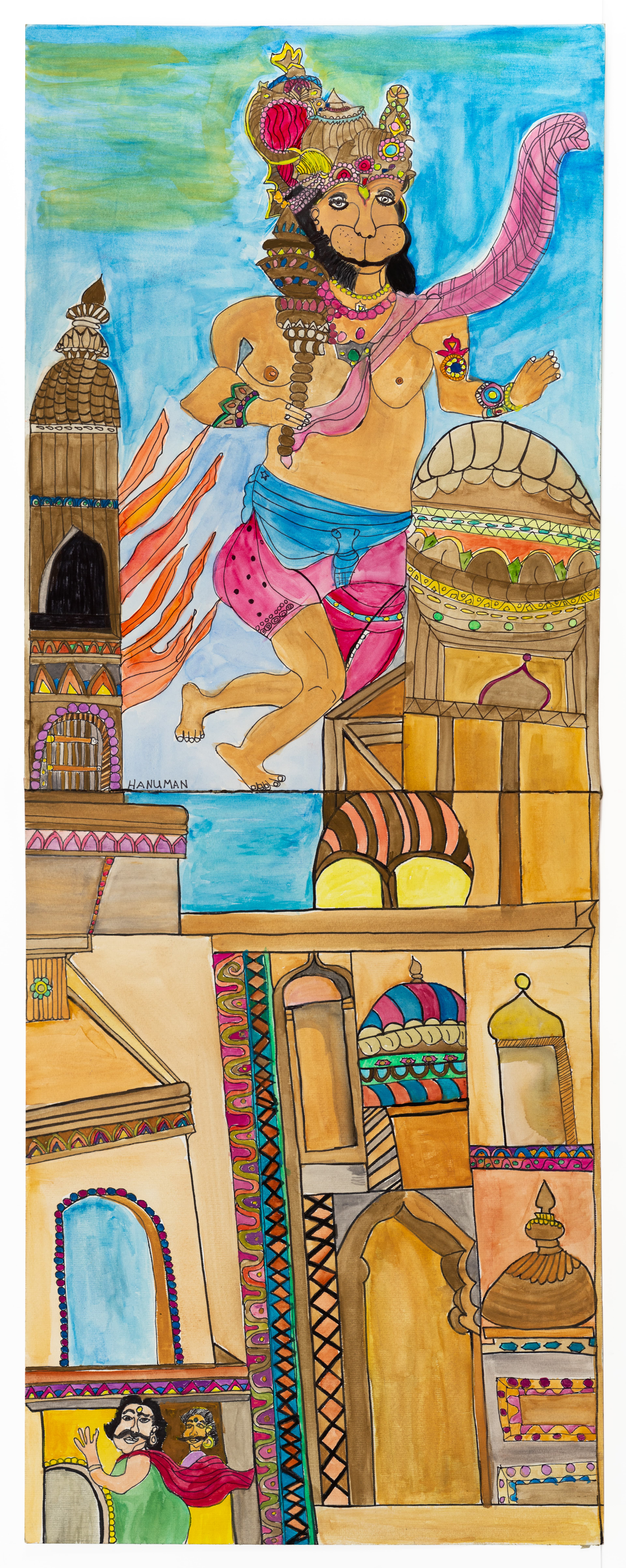 Colorful painting of Hindu deity Hanuman leaping above ornate architectural structures in ink and watercolor
