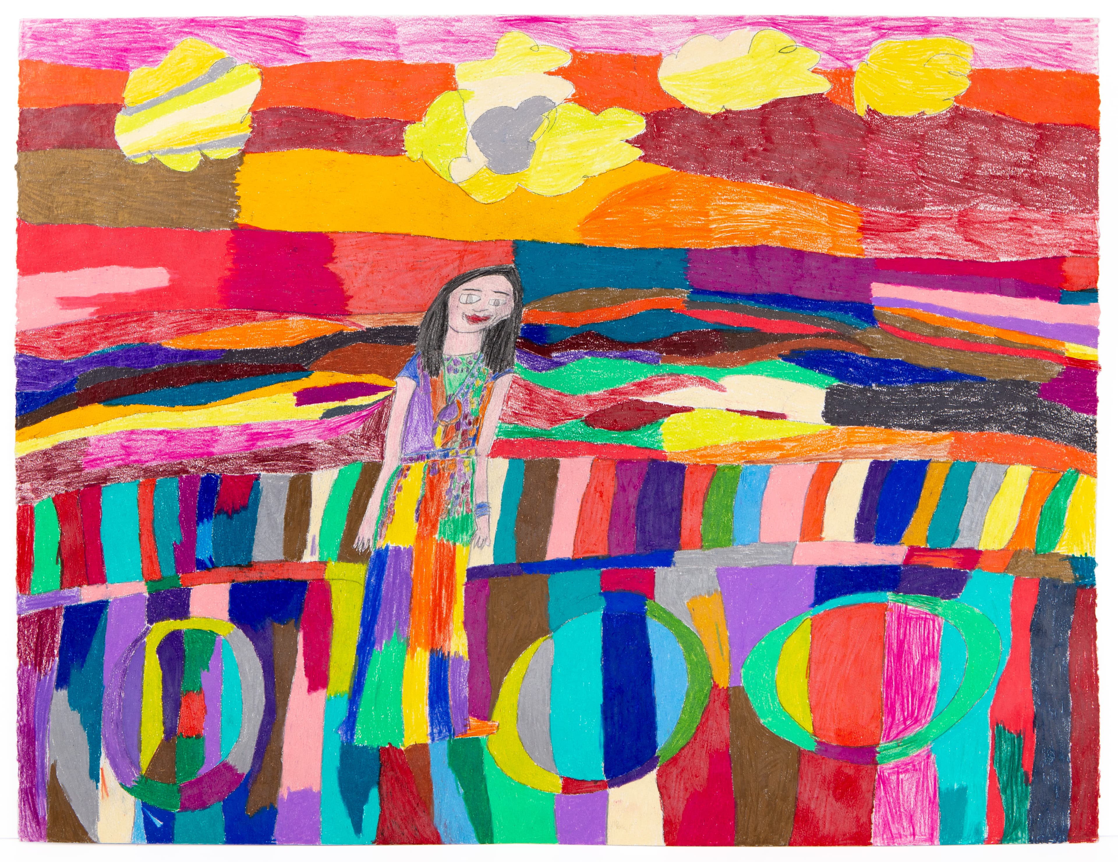 Colored pencil drawing of a figure in a vibrant landscape with horizontal bands of rainbow colors and yellow clouds