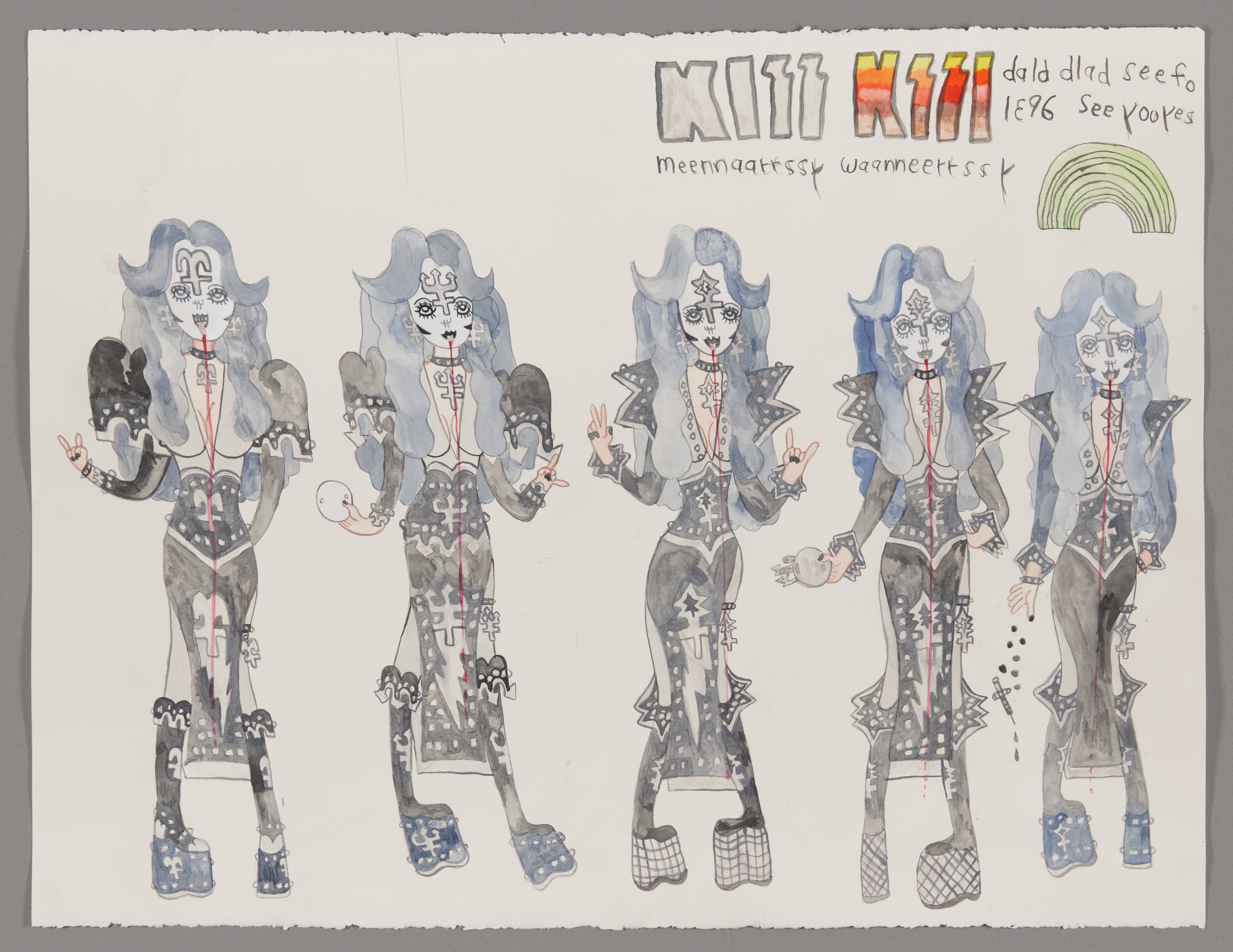 Drawing of five figures in elaborate costumes with blue hair, platform boots, and decorative outfits in graphite and watercolor