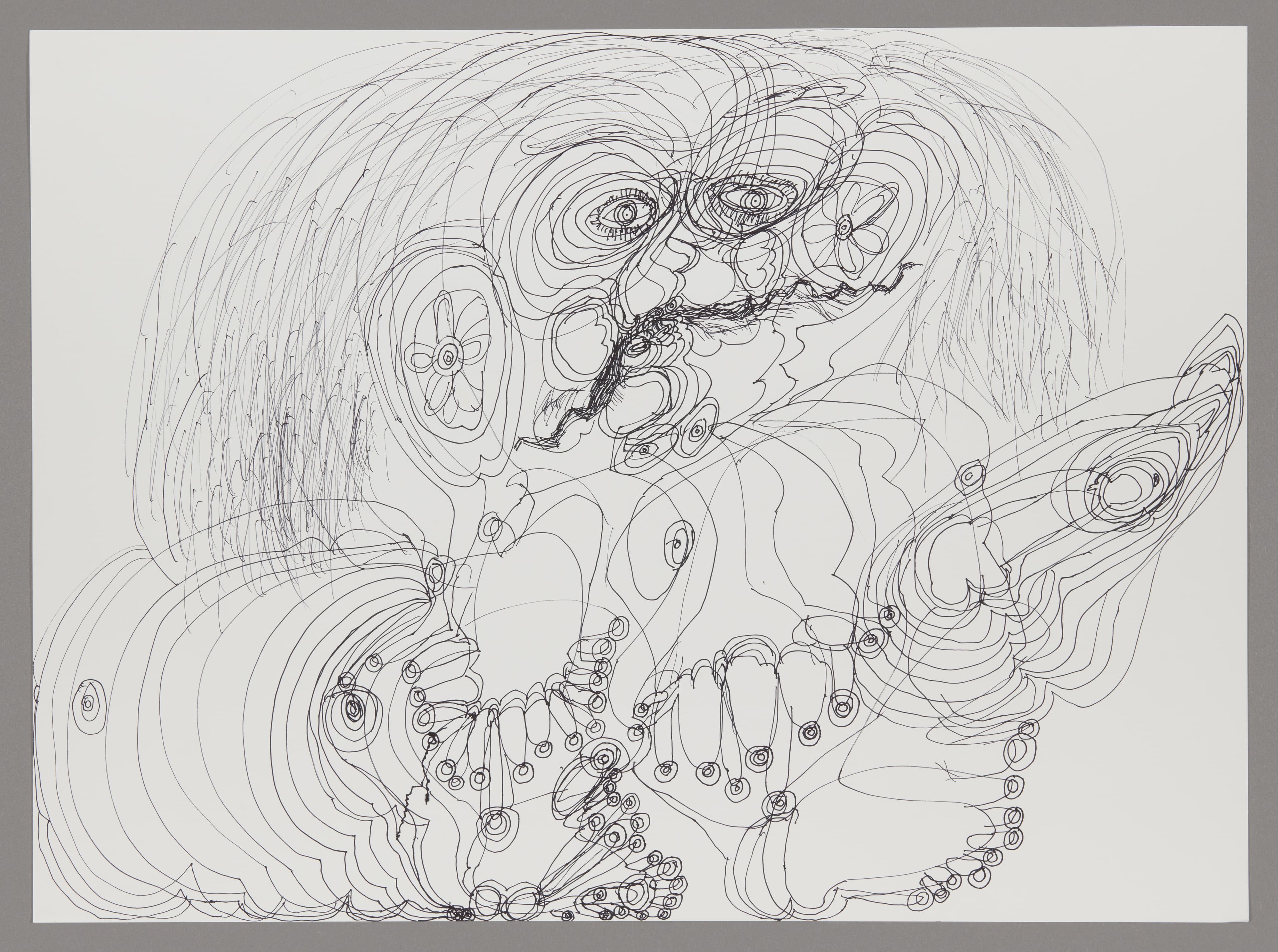 Ink drawing featuring swirling linear patterns with human and animal faces, hands, and organic forms in black on white paper