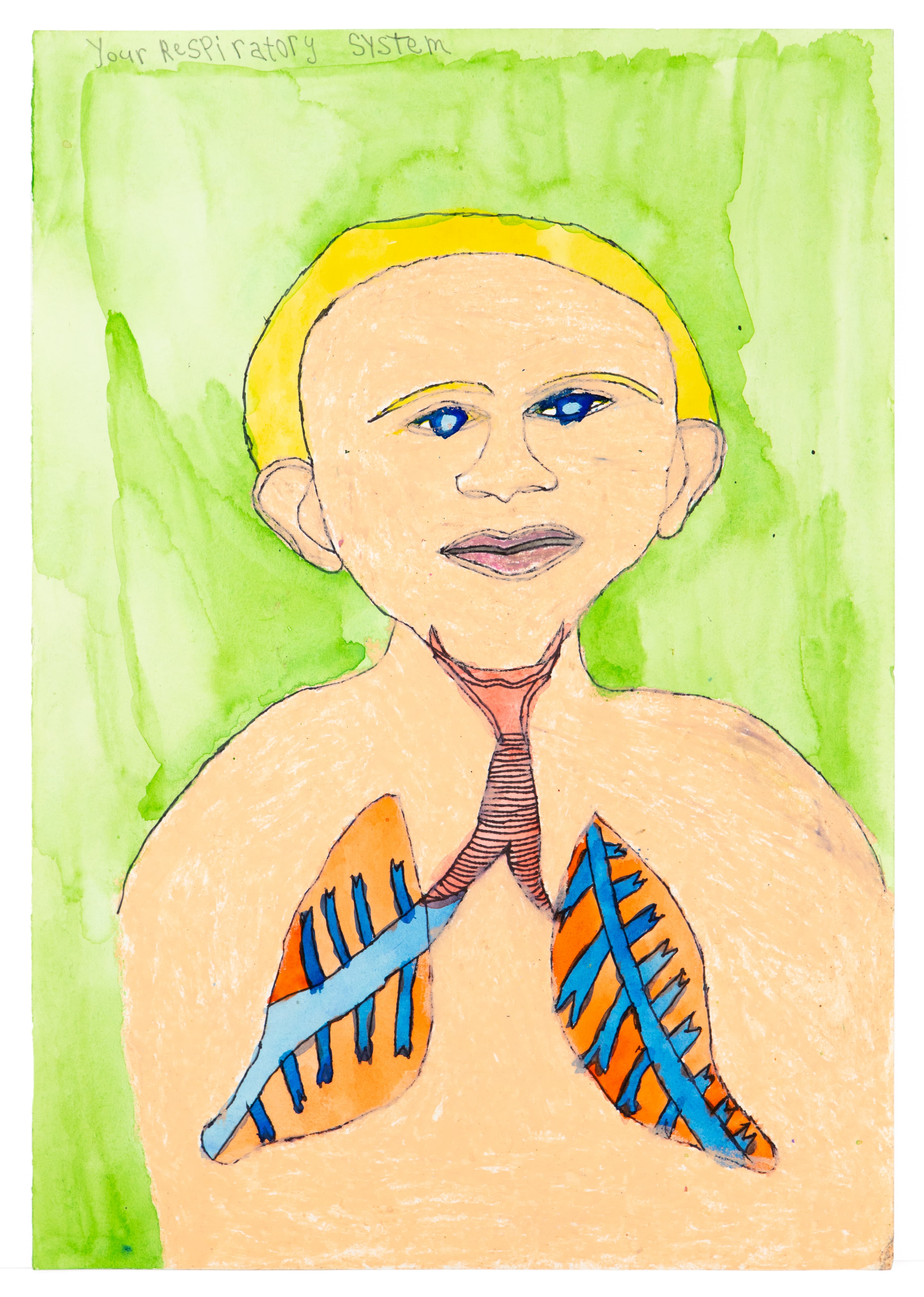 Watercolor painting of figure with yellow hair showing lungs and respiratory system in orange and blue