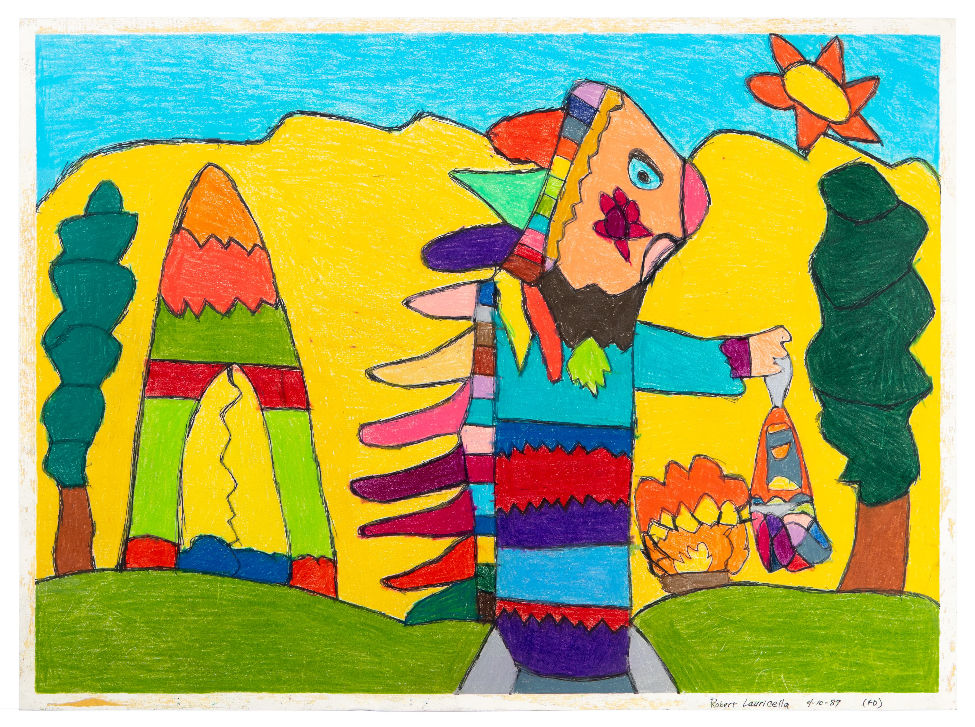 Colorful ink and pastel drawing featuring a figure with feathered headdress in a landscape with geometric shapes
