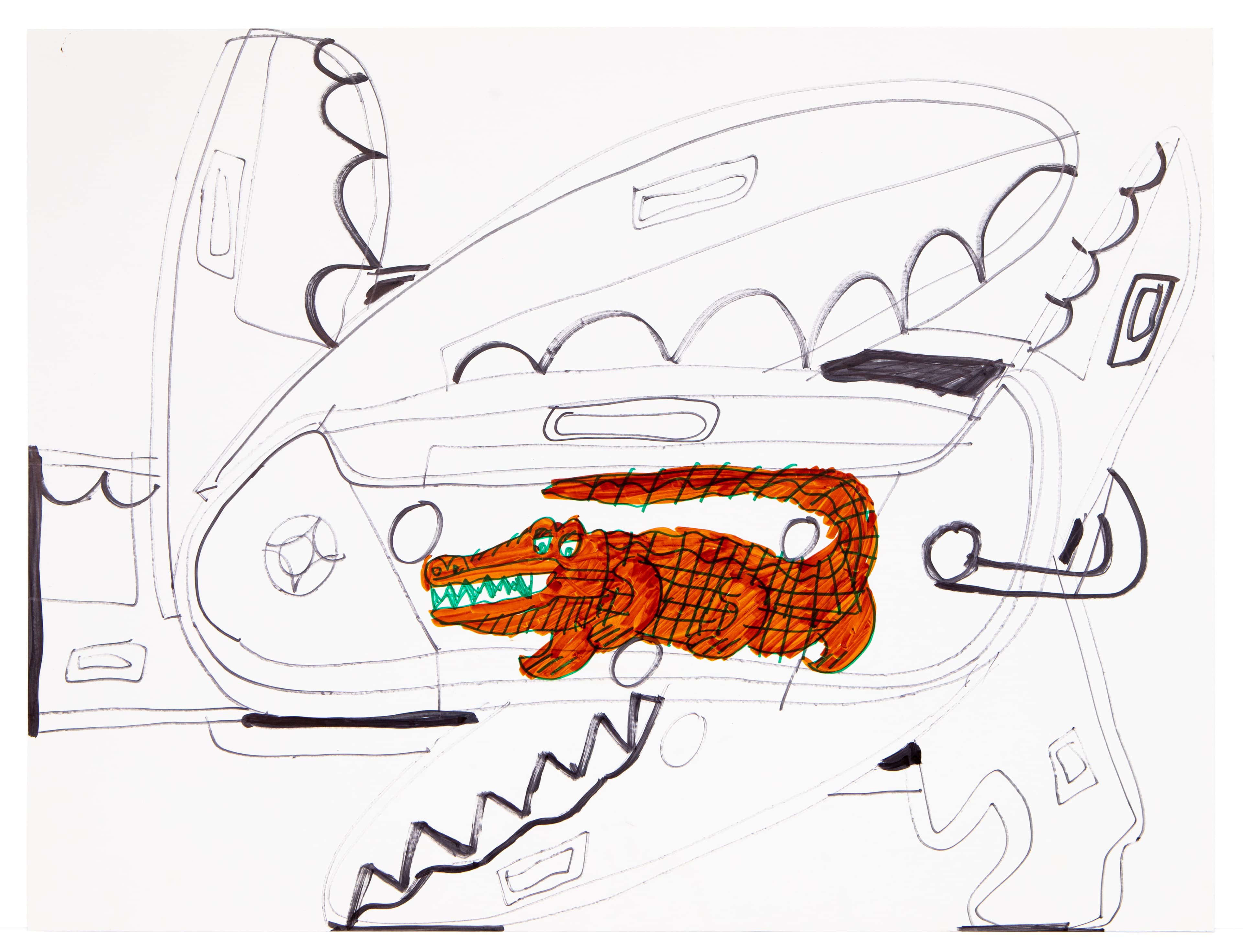 Drawing of a large mouth with teeth containing a red-orange crocodile, ink and colored pencil on paper