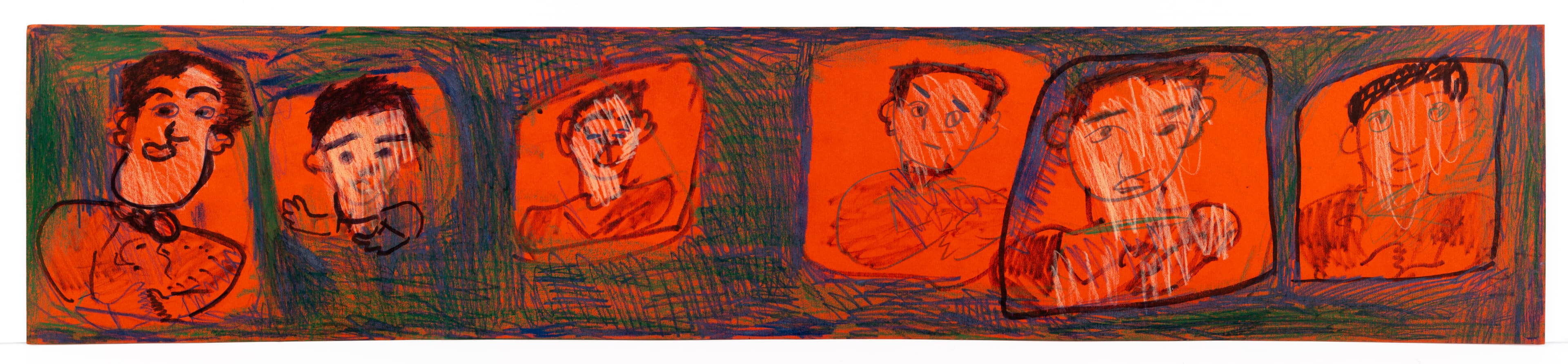Drawing showing six portrait heads in orange squares arranged horizontally, colored pencil and ink on paper