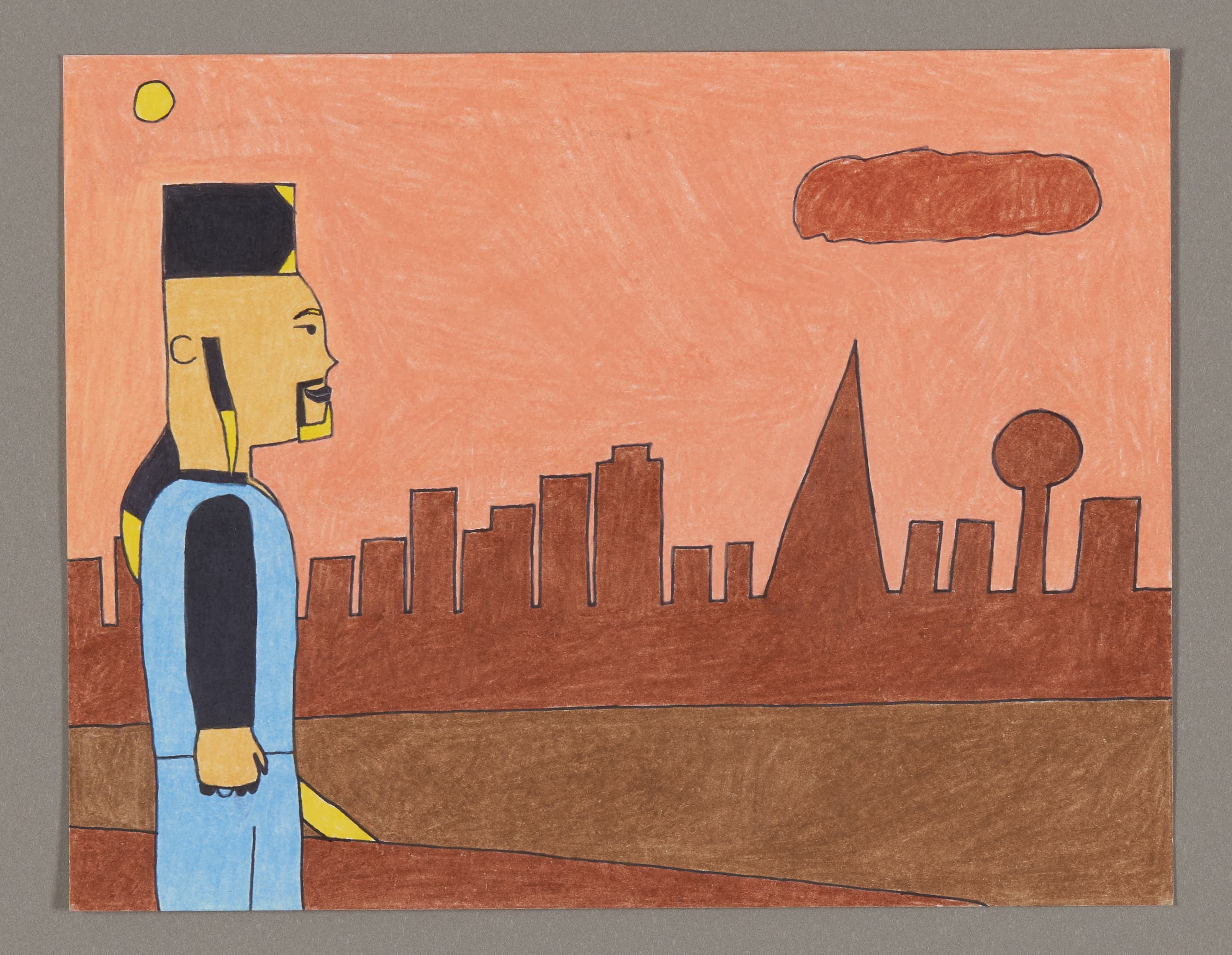 Drawing of a figure in blue clothing standing before a city skyline, rendered in colored pencil and ink on paper