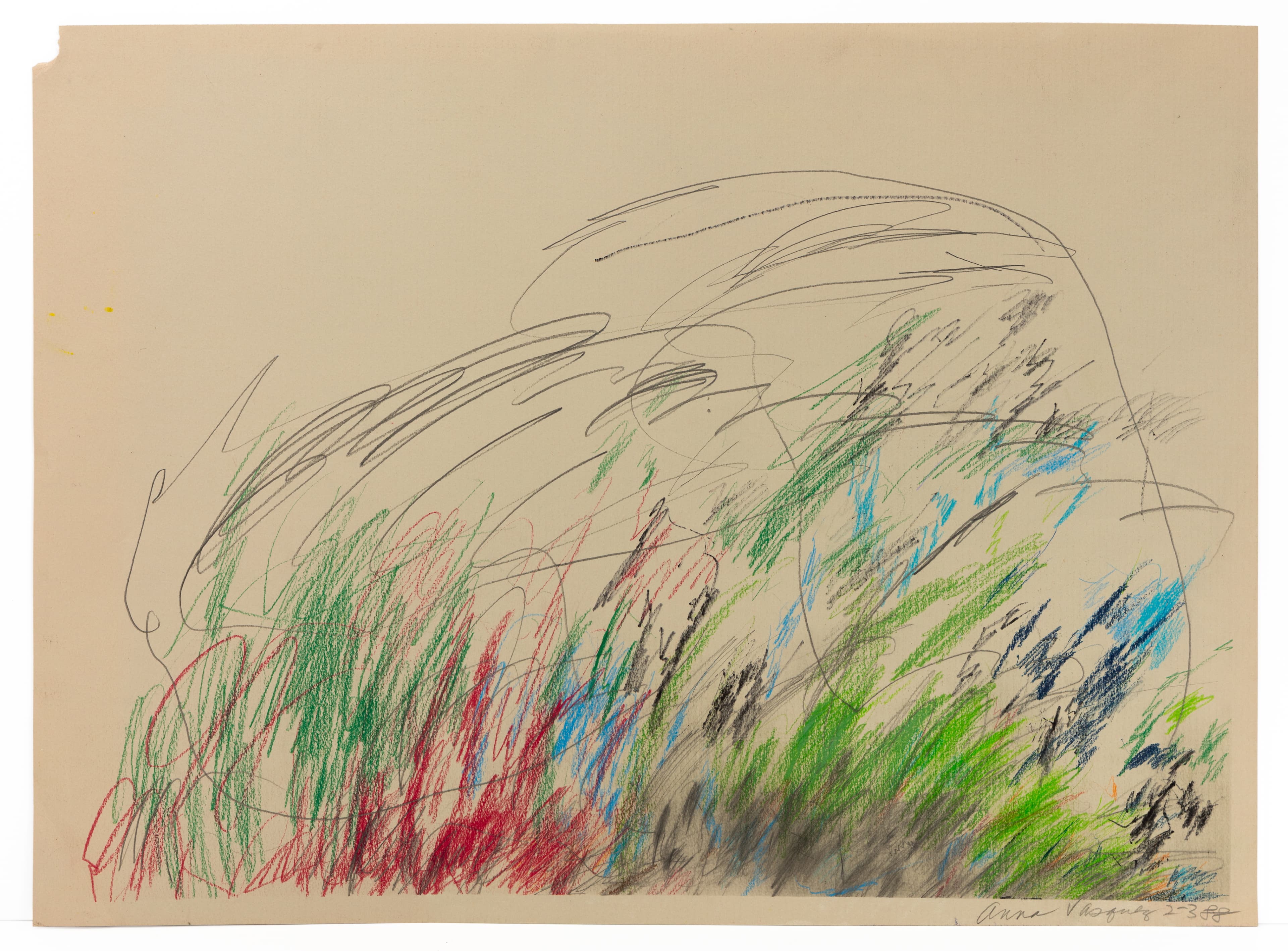 Drawing with energetic colored pencil scribbles in green, red, blue, and black on tan paper