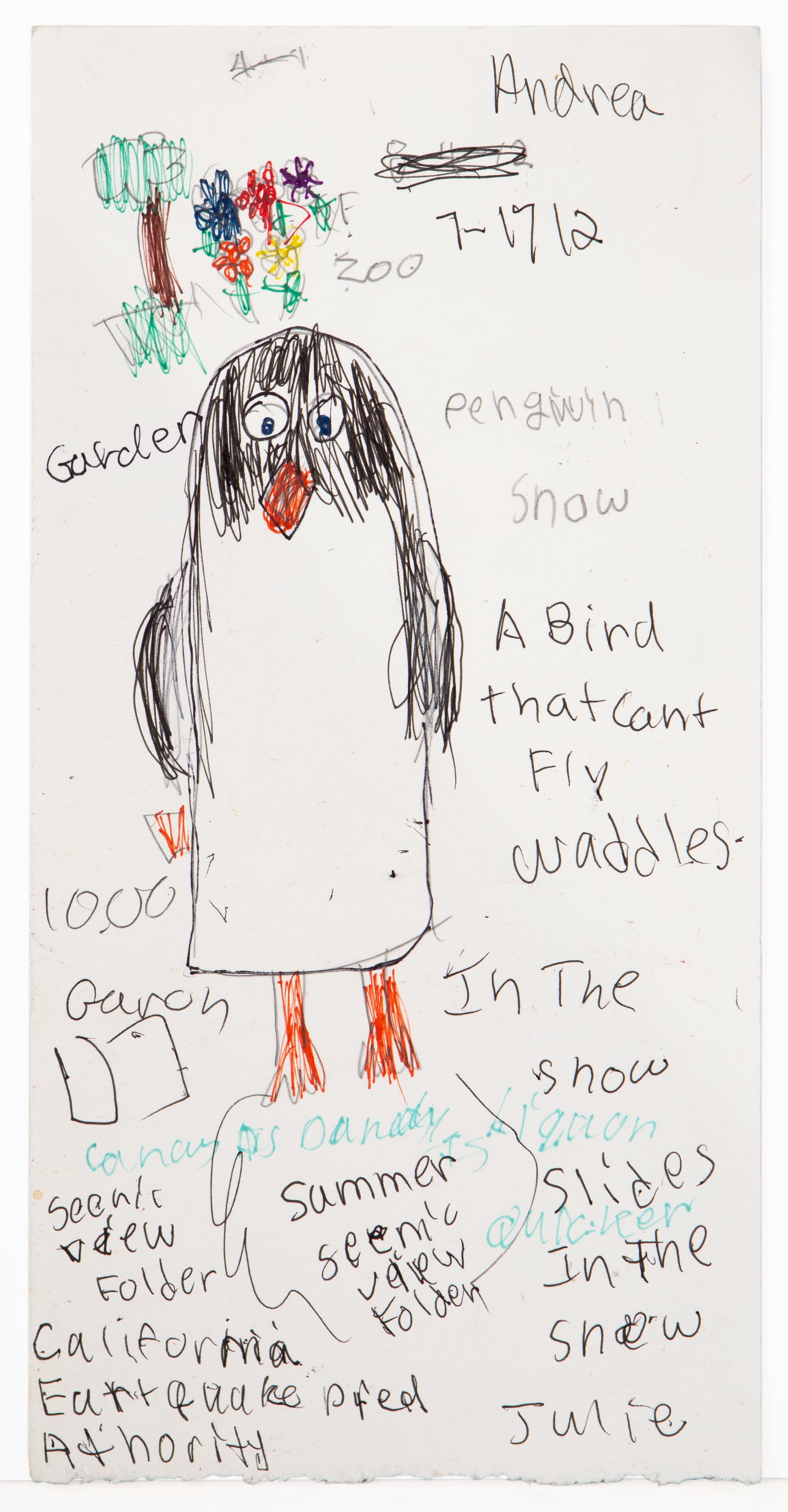 Drawing of a penguin in black ink with orange feet and beak, surrounded by handwritten text on white paper