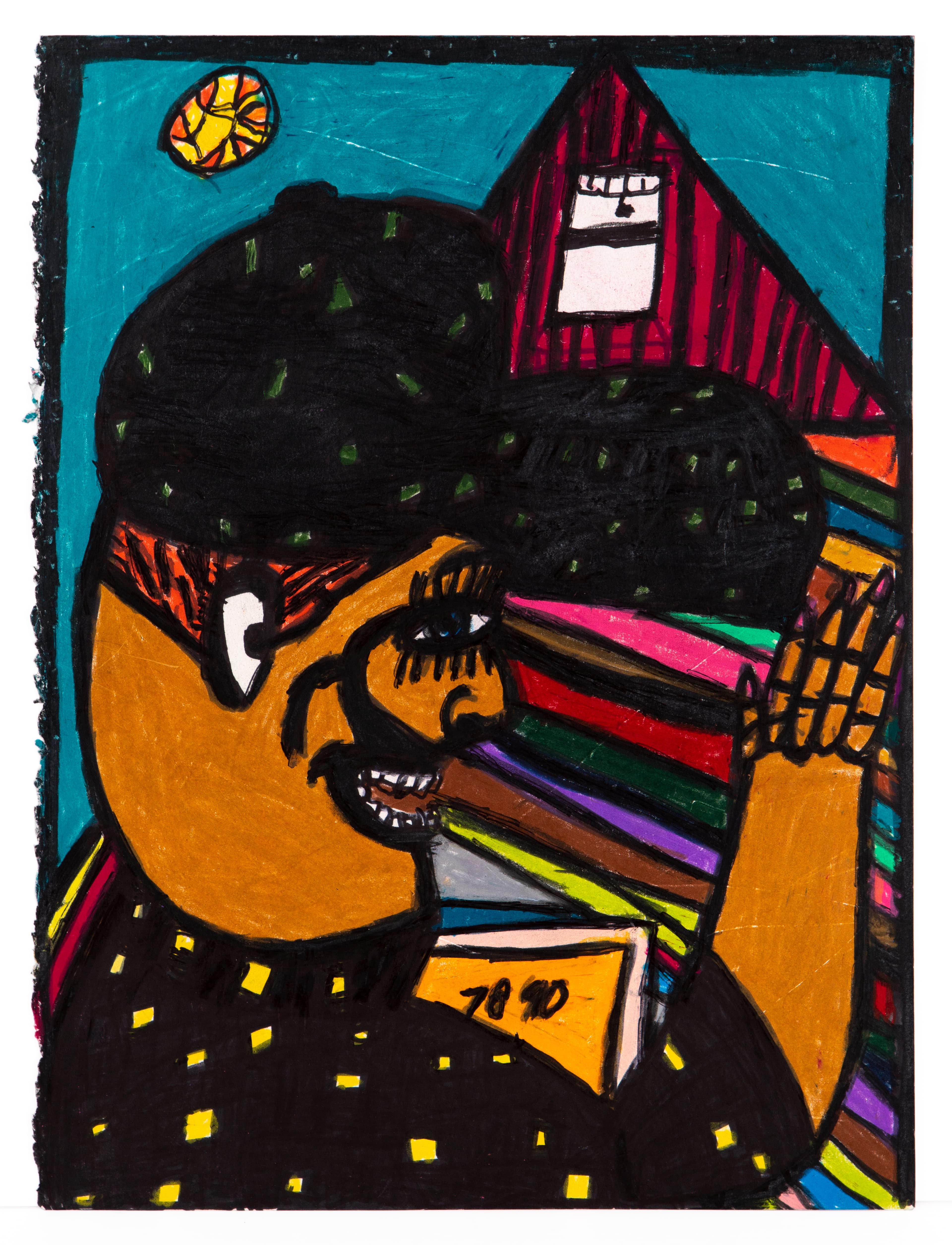 Mixed media drawing of a figure with black hair reading a book, with colorful striped background and architectural elements