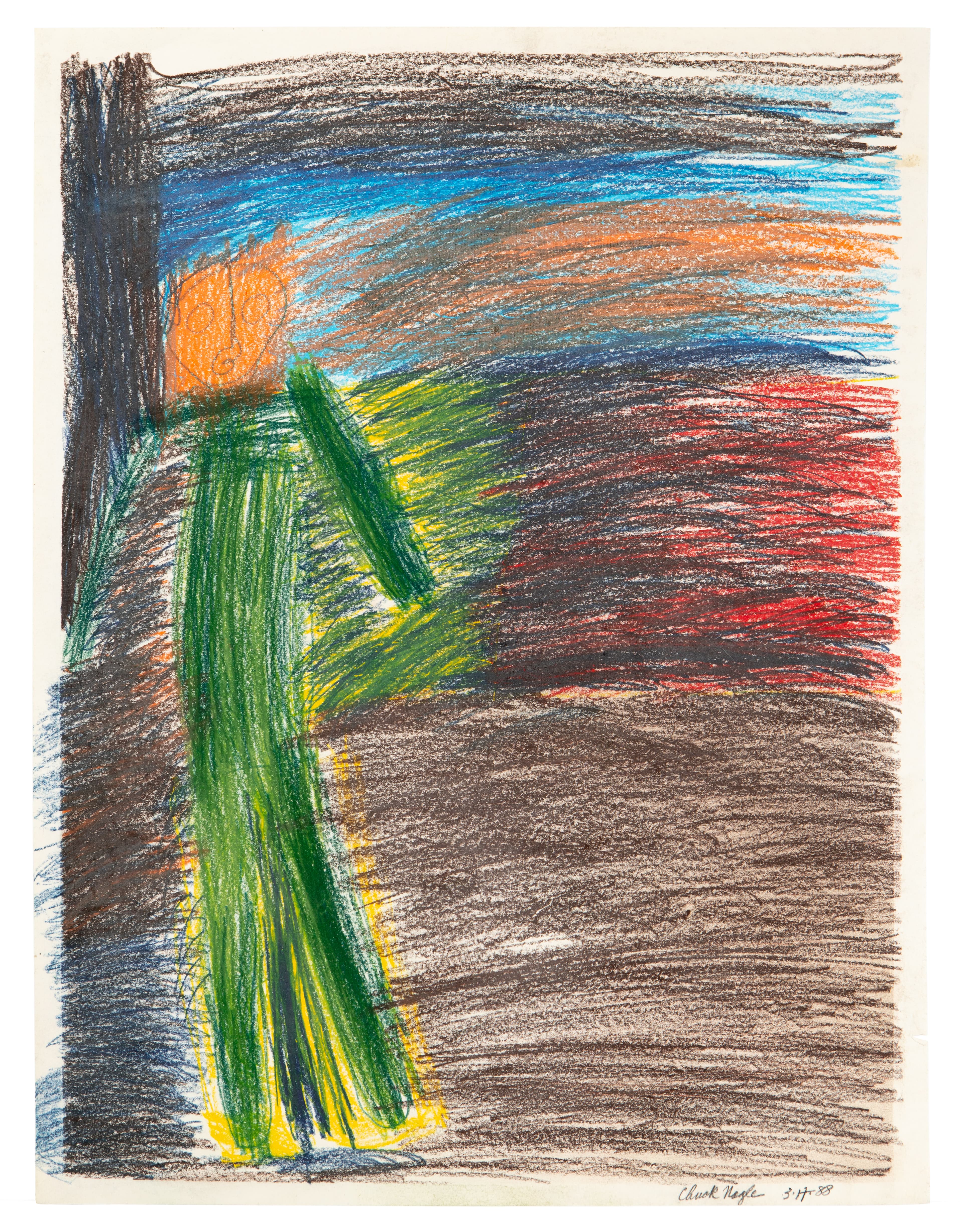 Abstract drawing with sweeping curved strokes in colored pencil or pastel, featuring blues, greens, orange, and red