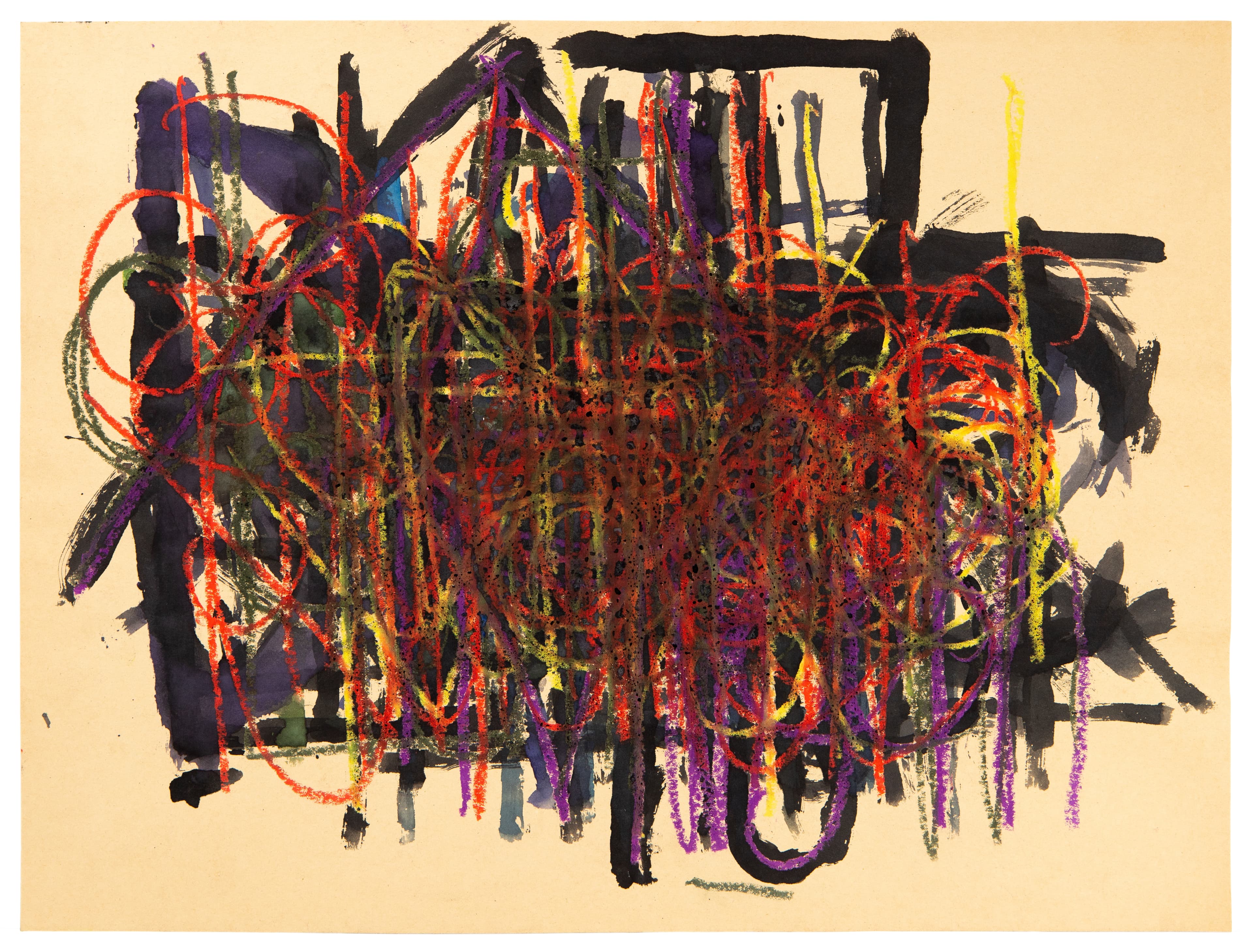Abstract drawing with dense overlapping curved lines in red, purple, black, and yellow on cream paper