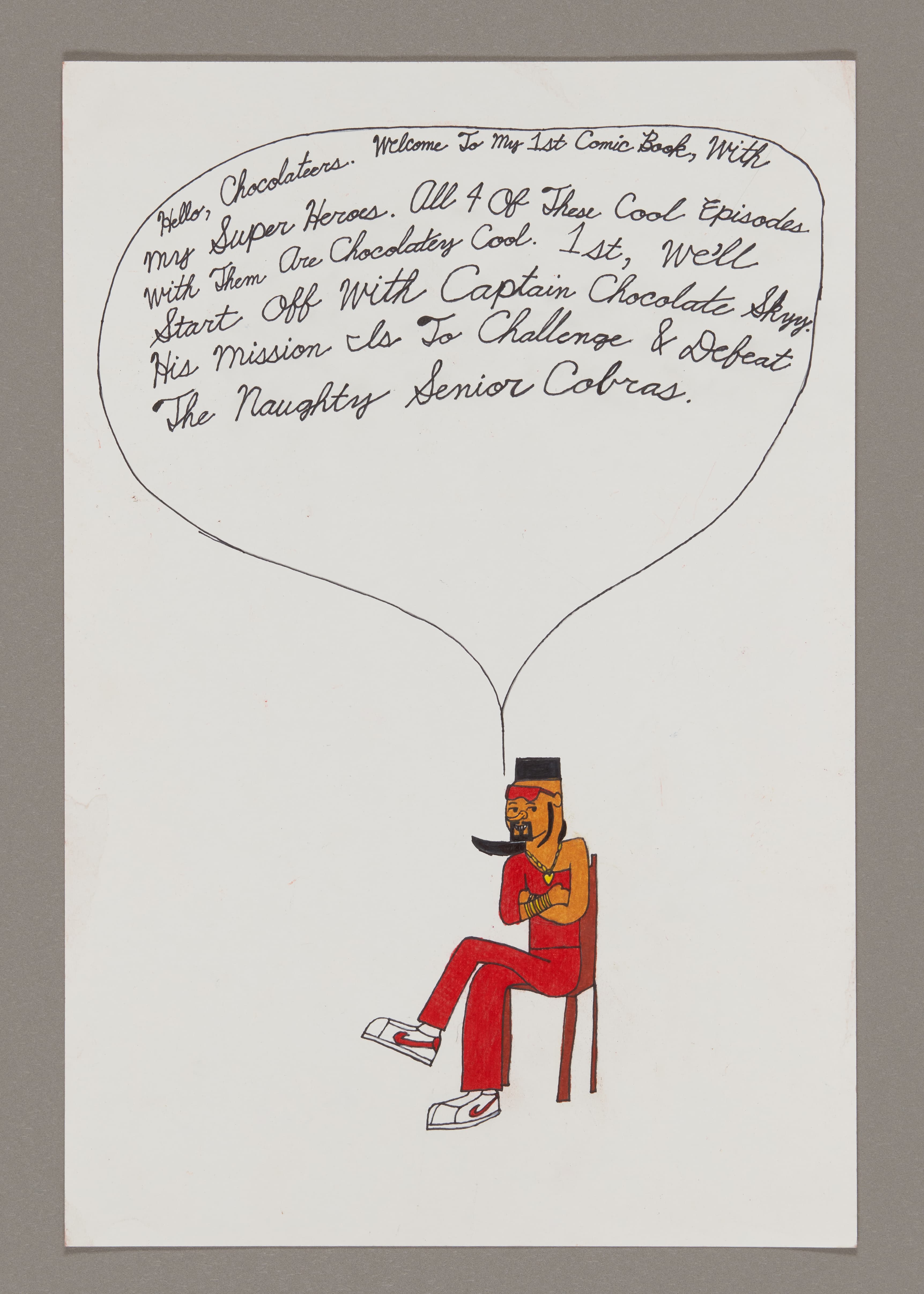 Drawing of a seated figure in red with speech bubble containing handwritten text about comic book characters