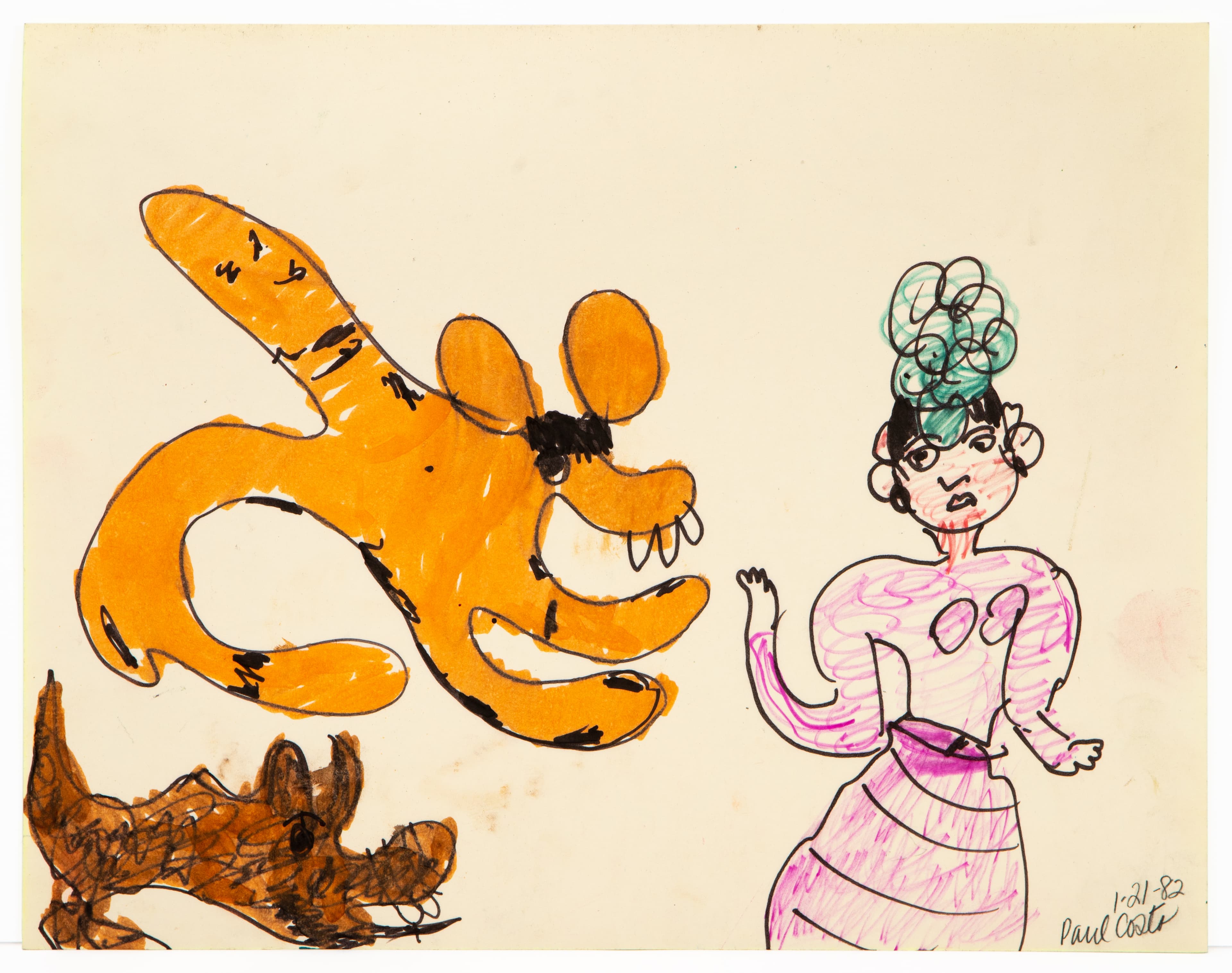 Ink drawing showing orange cartoon dog, figure in pink dress with green hair, and brown animal on cream paper