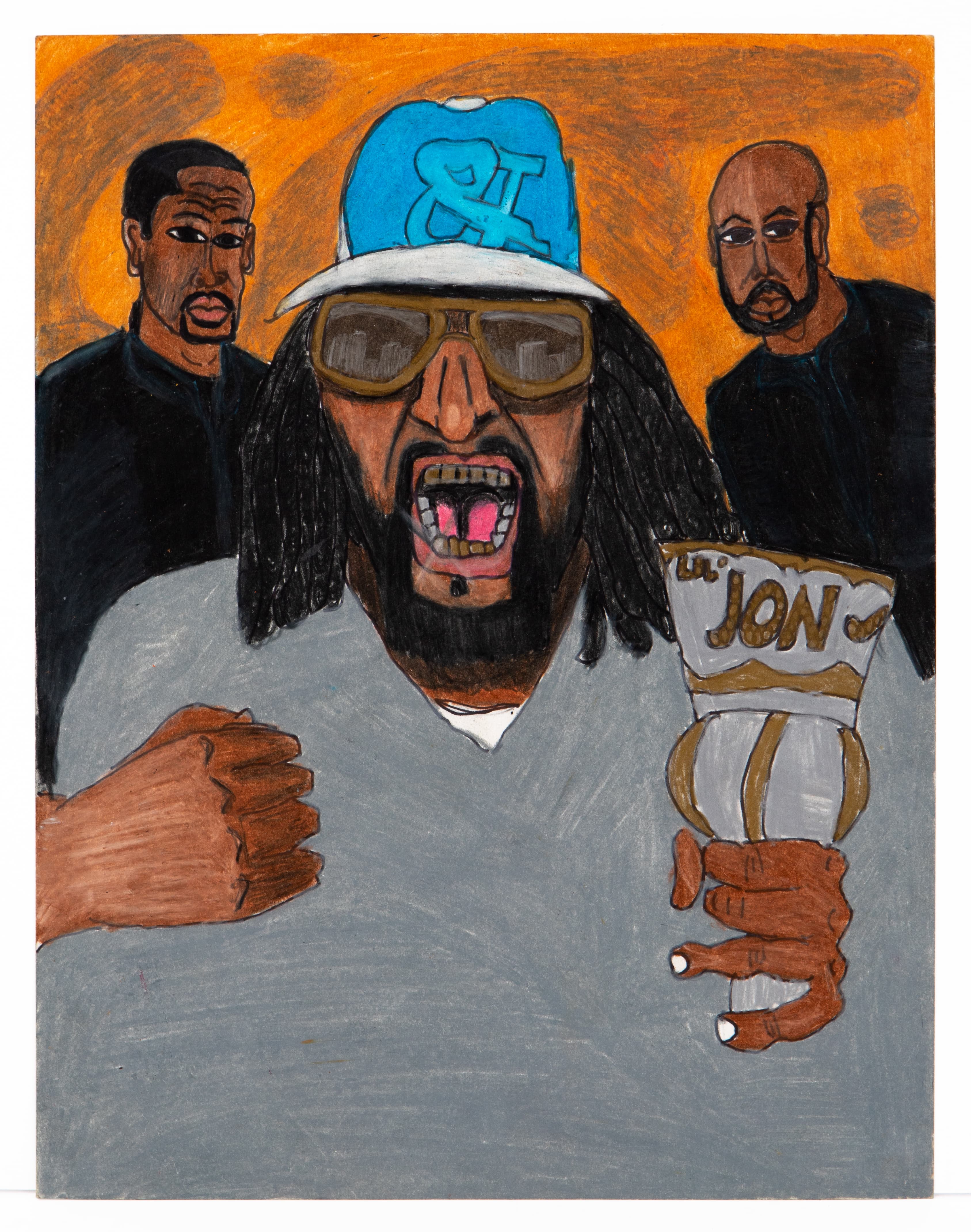 Colored pencil drawing of three men, central figure wearing blue cap and sunglasses holding trophy