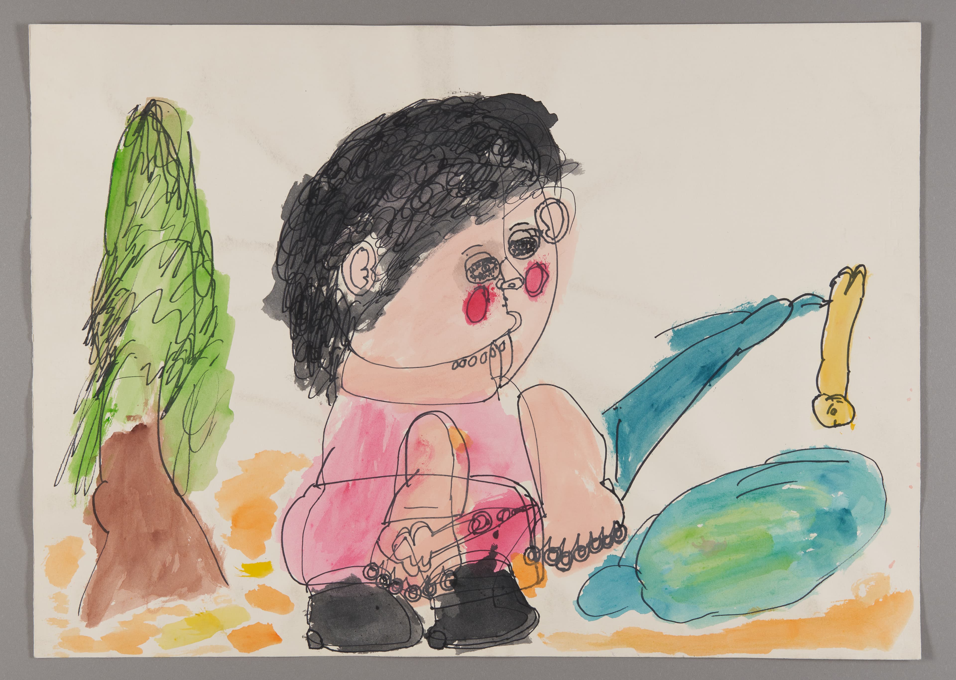 Watercolor and ink drawing of a figure with dark hair, glasses, and pink clothing surrounded by colorful abstract shapes
