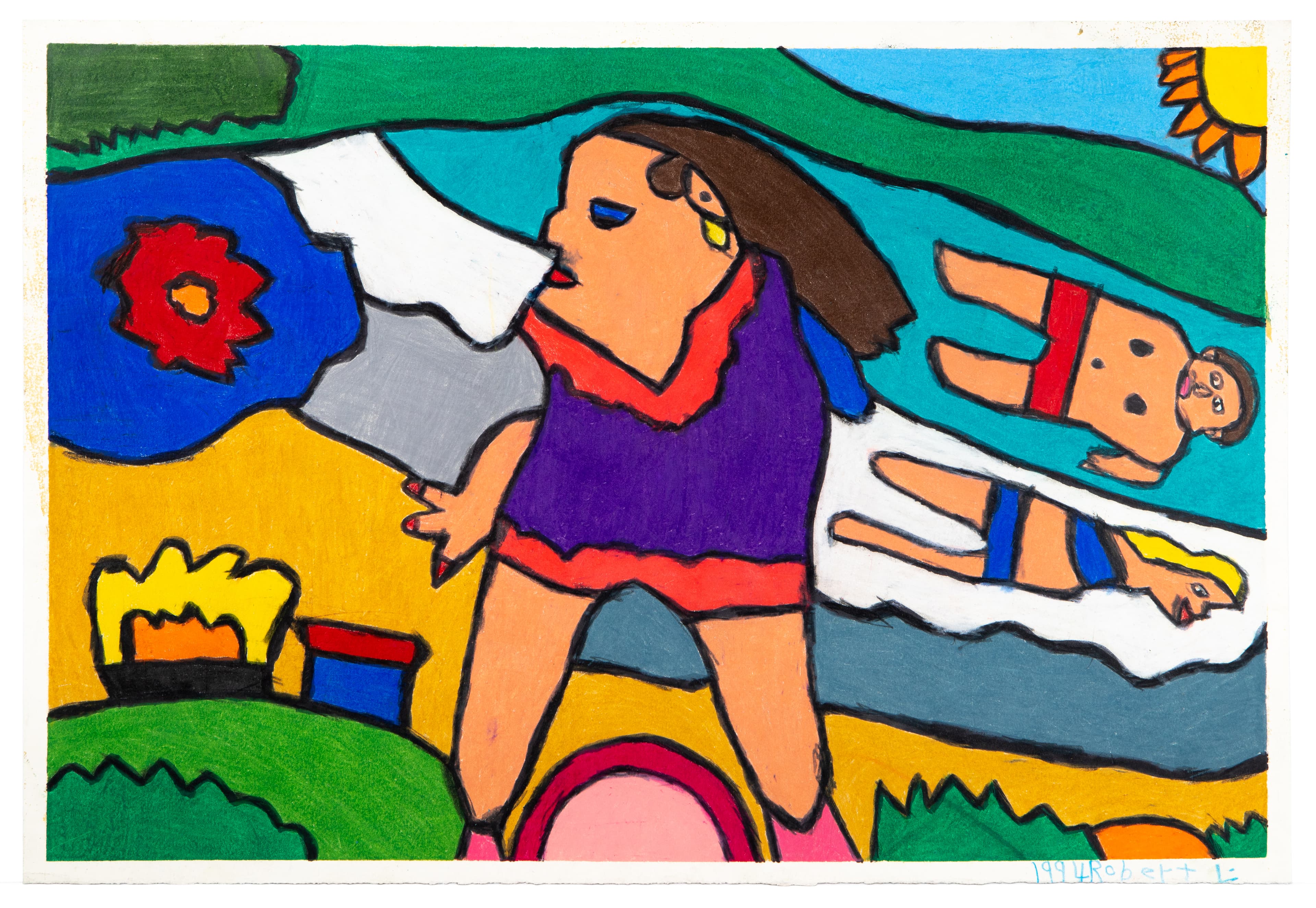 Colorful ink and pastel drawing featuring a figure with brown hair in a surreal landscape with bright geometric shapes