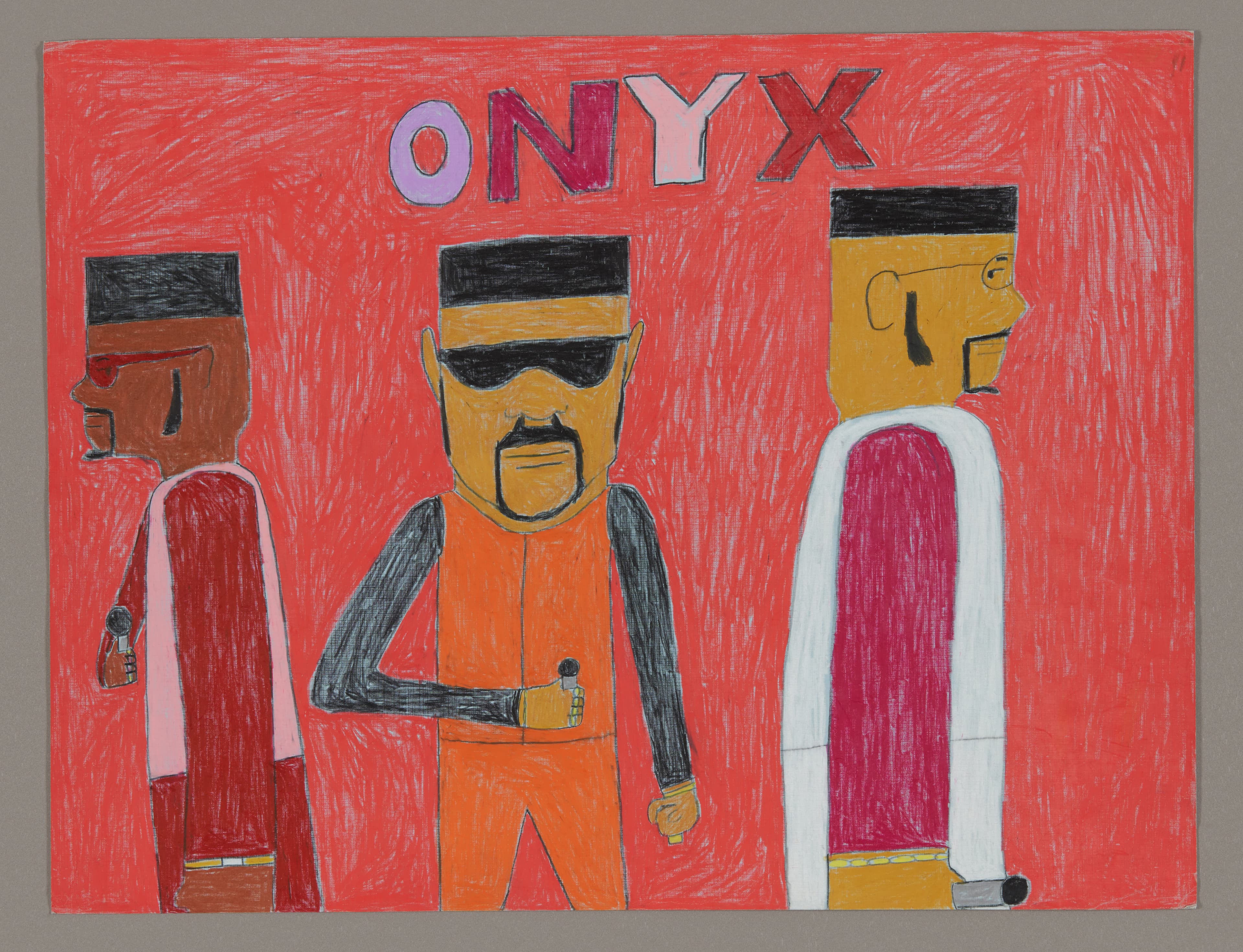 Drawing of three figures with black caps against red background, titled 'ONYX' in colored pencil and ink