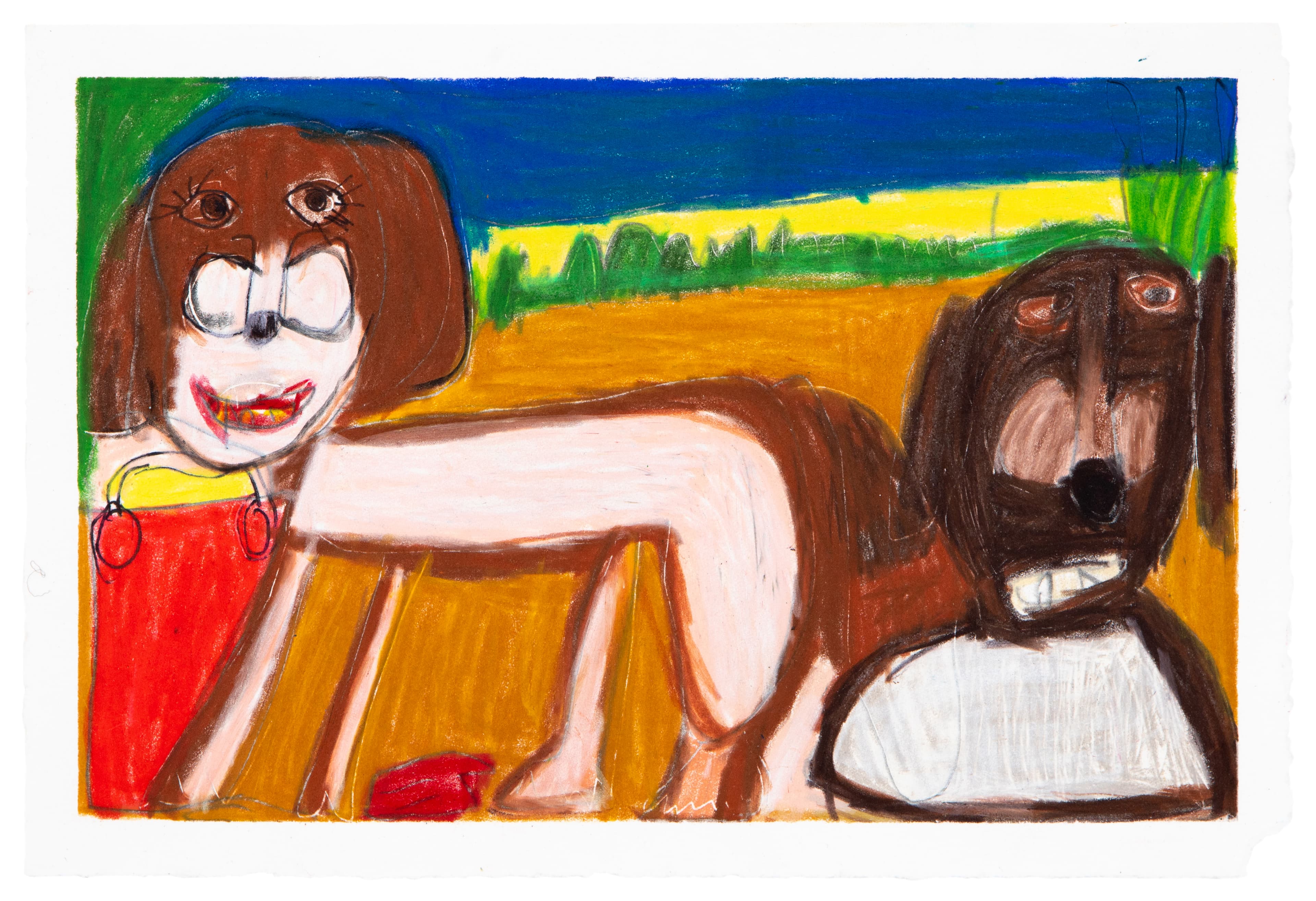 Colorful painting showing two dog-like figures with human characteristics in an outdoor landscape setting