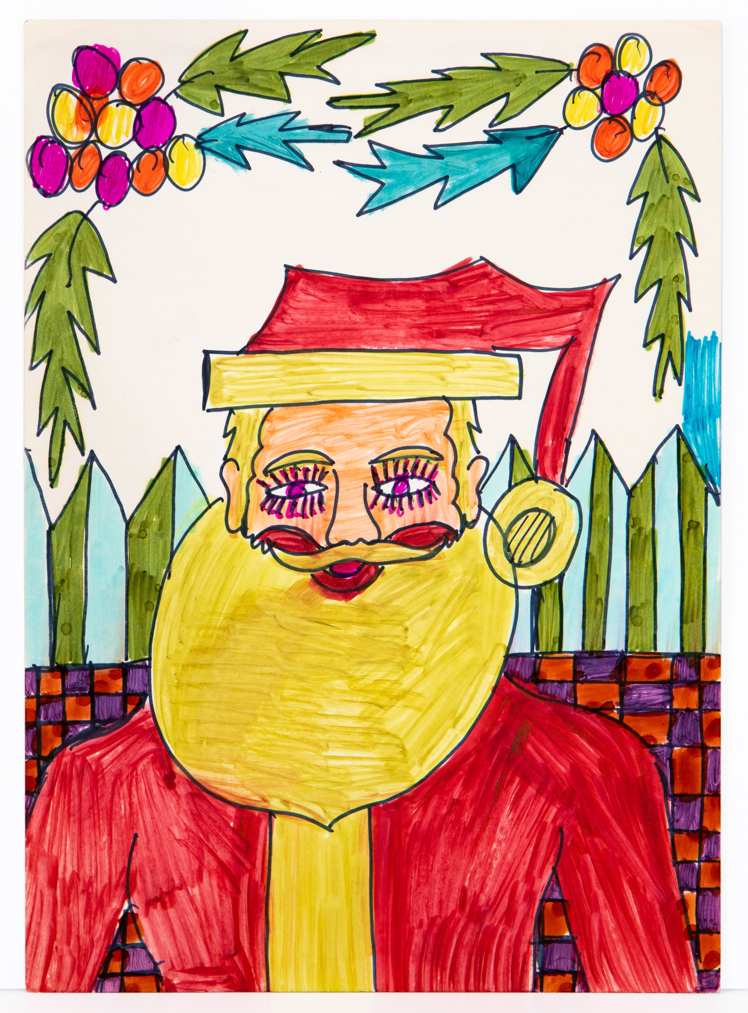 Colorful ink drawing of Santa Claus with yellow beard, red hat and suit, surrounded by festive foliage and berries