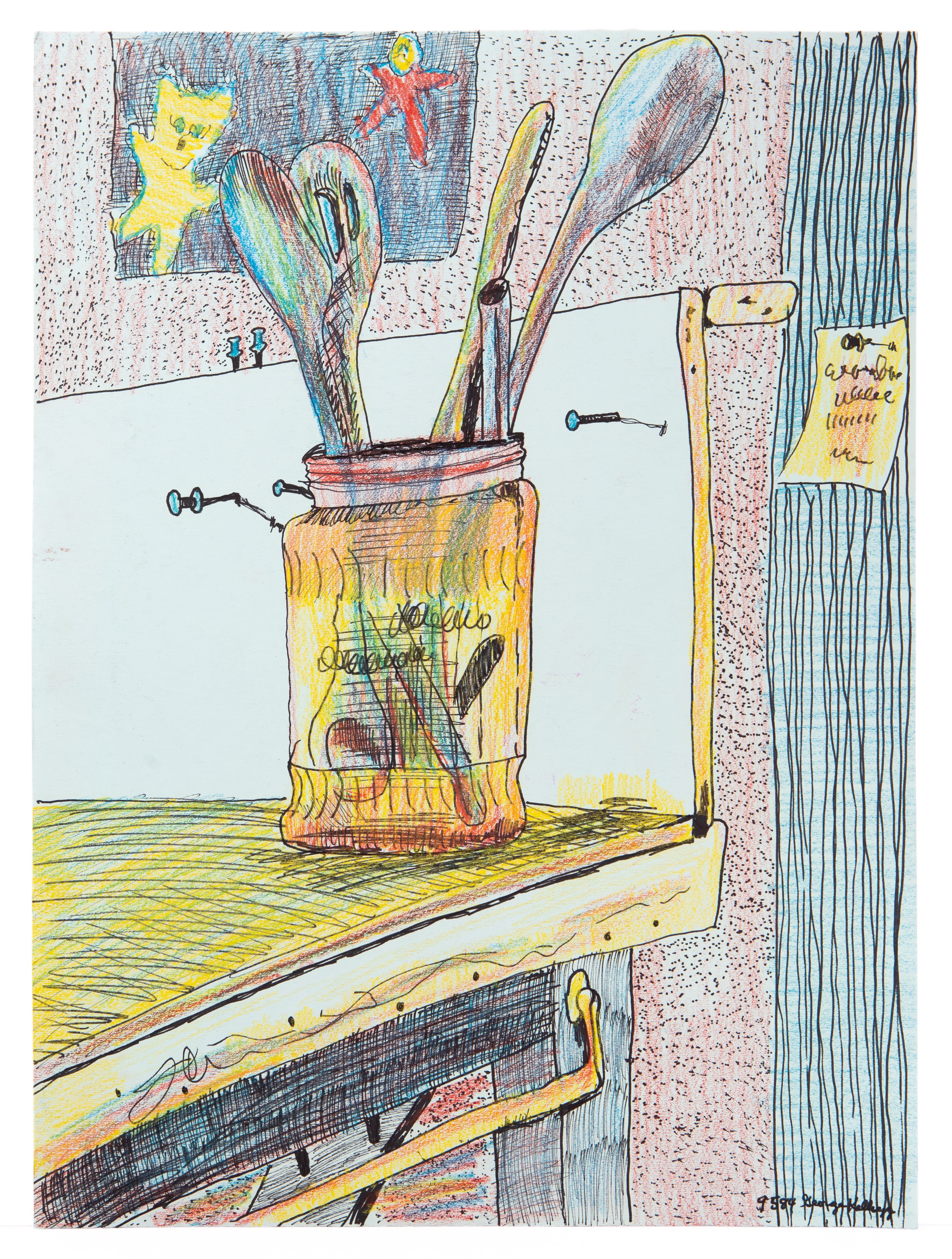 Colored pencil drawing of kitchen utensils in a jar on a counter with decorative elements and handwritten text