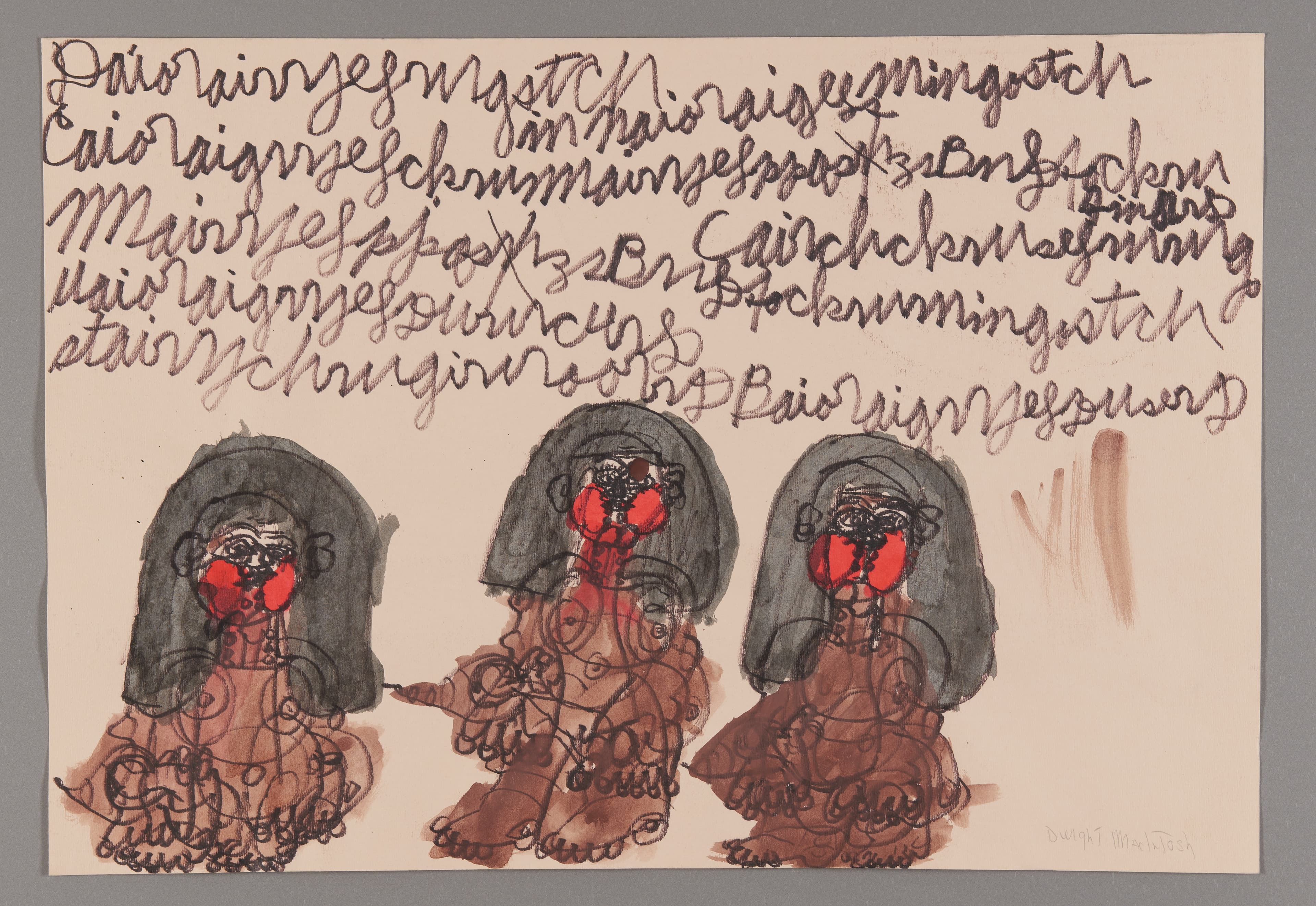 Drawing of three seated figures with long dark hair and red hearts on faces, ink and watercolor on paper