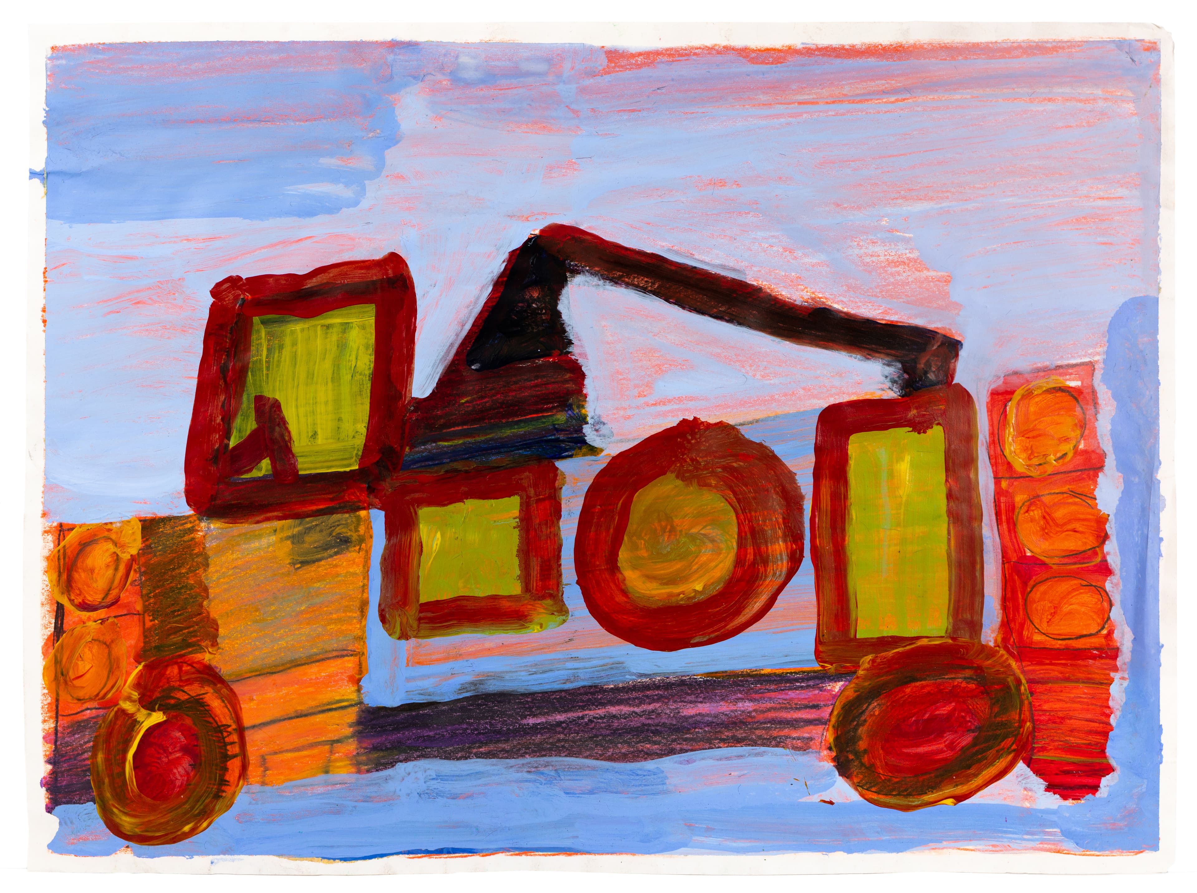 Painting of a construction crane truck in bright colors with red outline, yellow windows, and orange details on blue sky